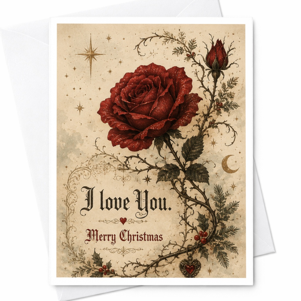 I Love You. Merry Christmas Romantic Christmas Card Red Rose Vintage Style Holiday Greeting Card For Her C7043
