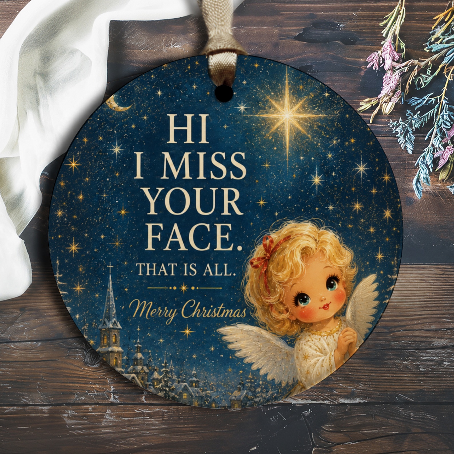 Hi I Miss Your Face. That Is All. Merry Christmas Ornament Angel With Stars Holiday Decor Cute Christmas Gift O2676