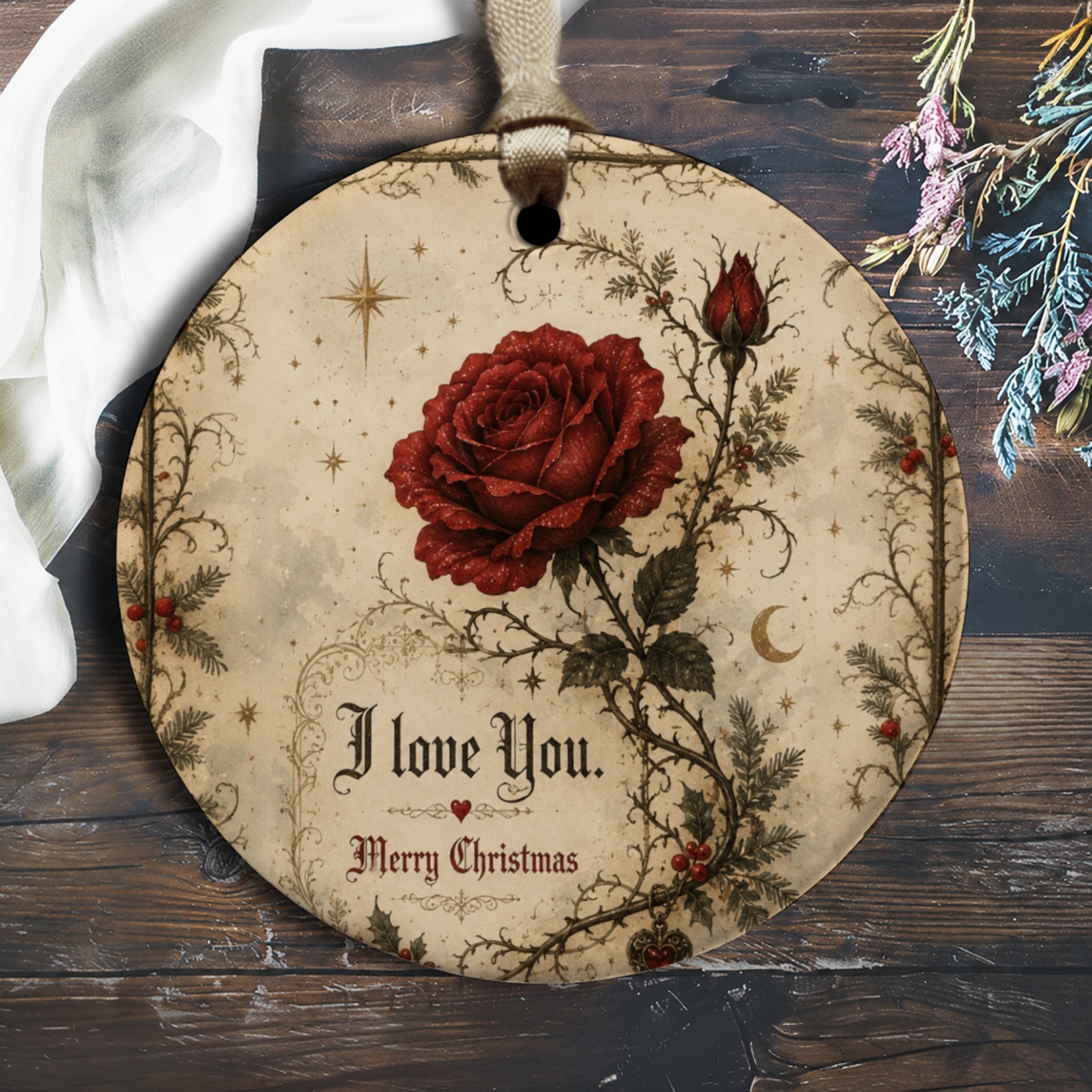 I Love You Merry Christmas Ornament Romantic Red Rose Vintage Holiday Decor Gift For Her Festive Home Decoration O2684
