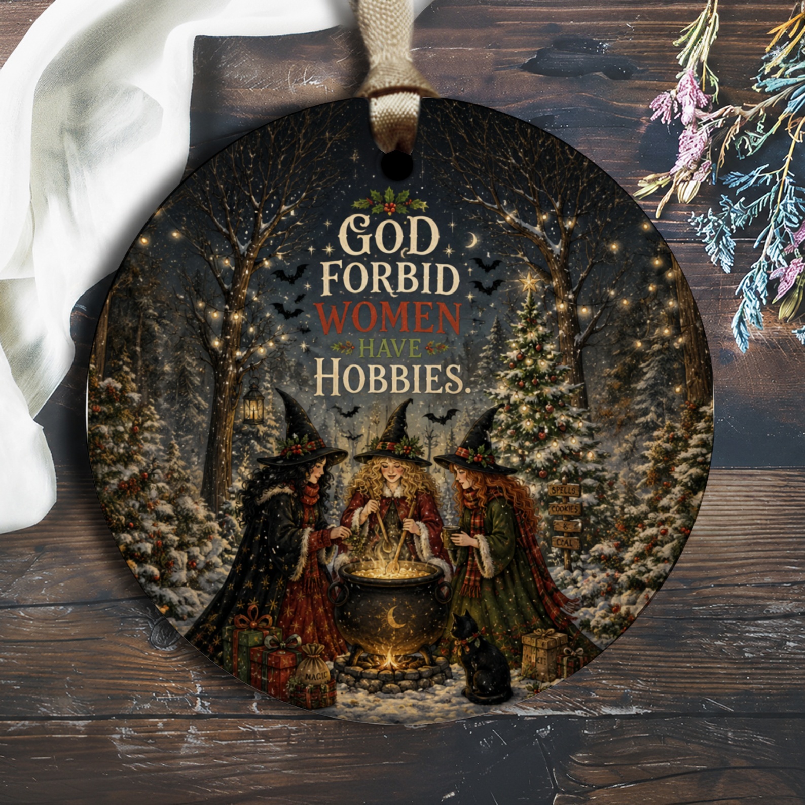 God Forbid Women Have Hobbies Halloween Ornament Witches Cauldron Winter Scene Funny Witch Decor Gift For Her O2690