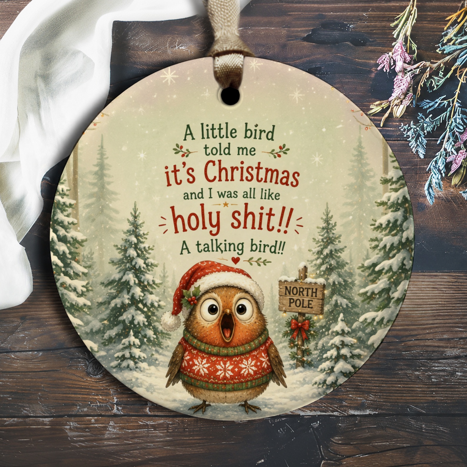 A Little Bird Told Me It's Christmas Funny Ornament Cute Owl Santa Hat Christmas Decor Holiday Gift O2693