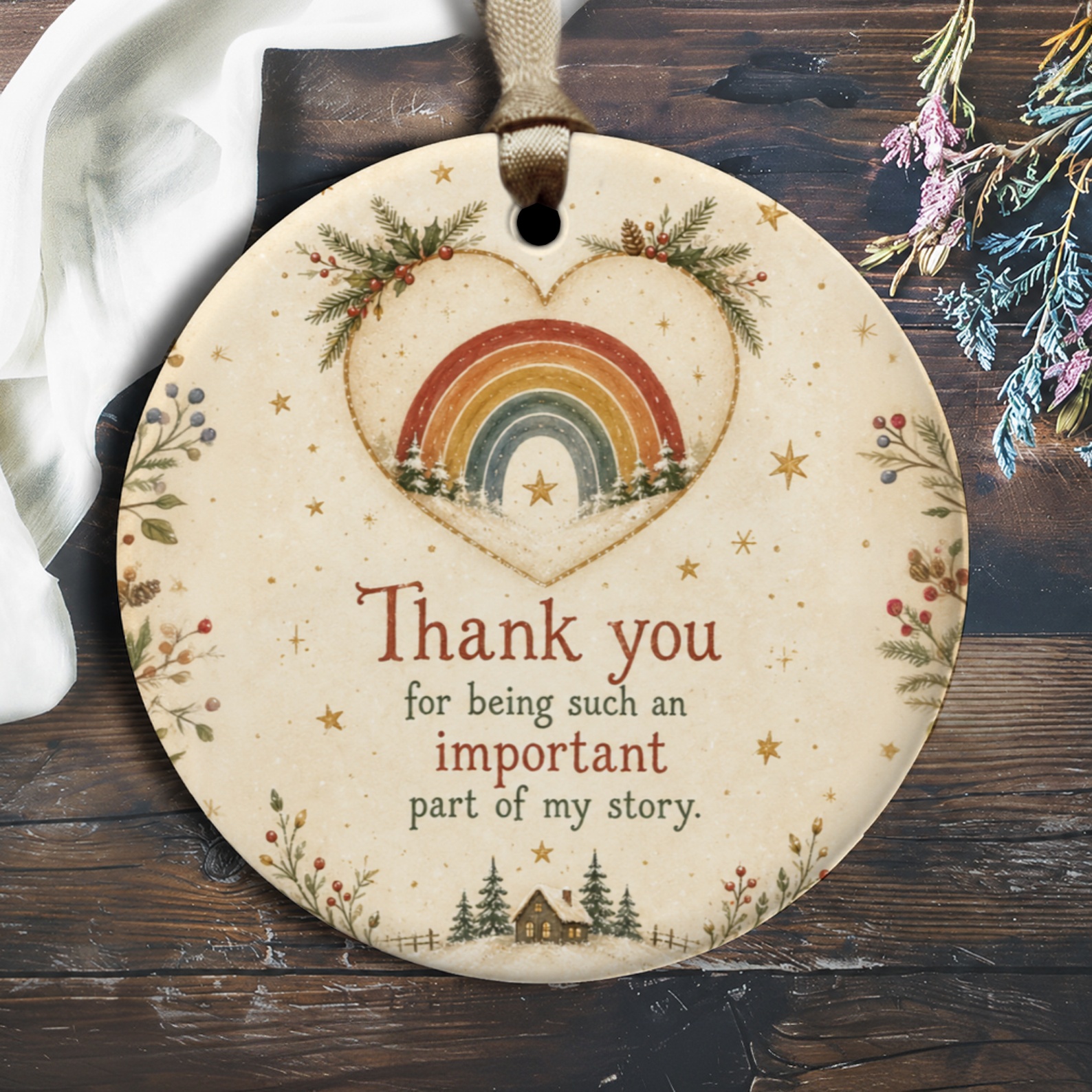 Thank You Ornament Rainbow Heart Foliage Appreciation Gift Rustic Home Decor Sentimental Keepsake O2696