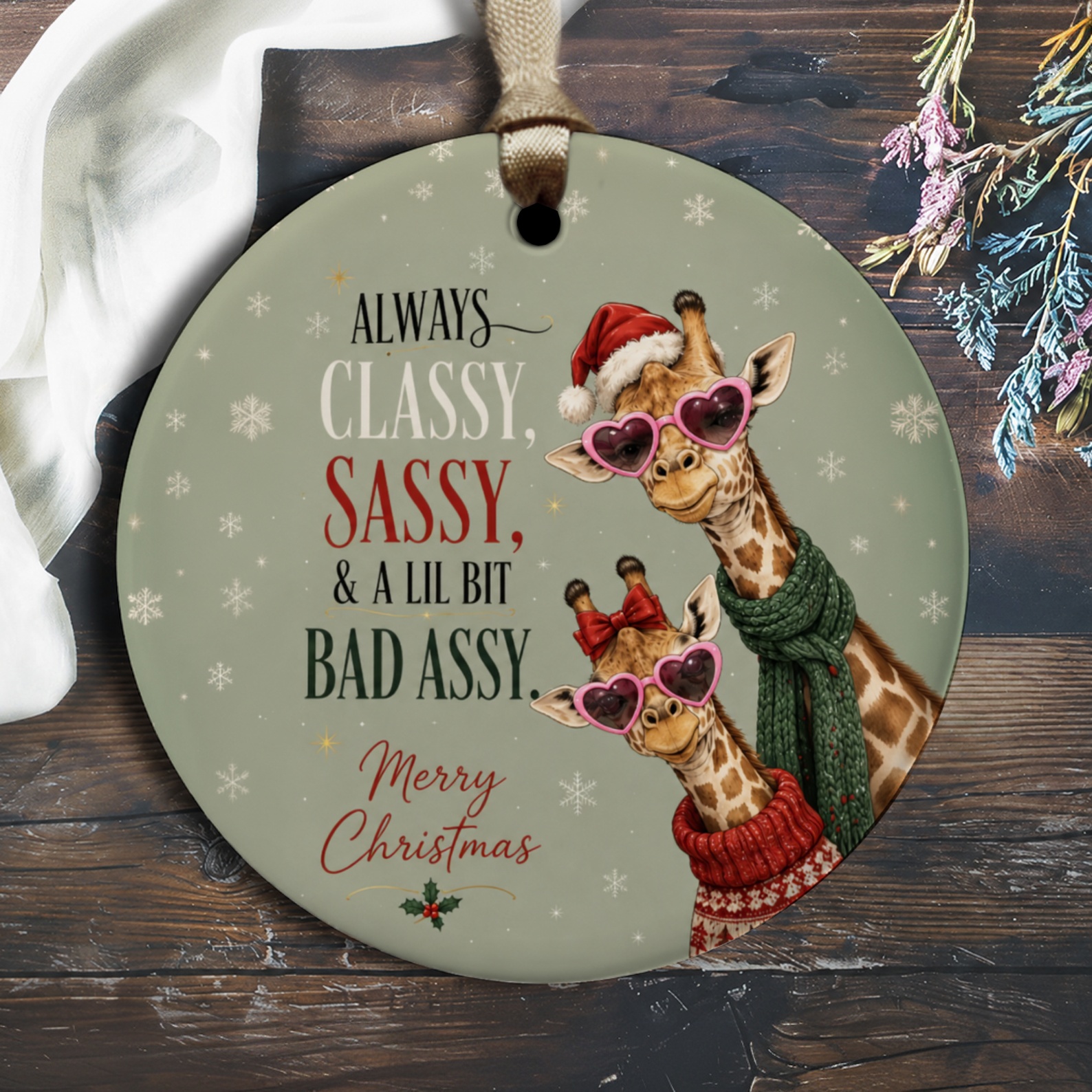 Always Classy, Sassy, & A Lil Bit Bad Assy. Merry Christmas Ornament Funny Giraffe Holiday Decor Cute Animal Xmas Gift O2709