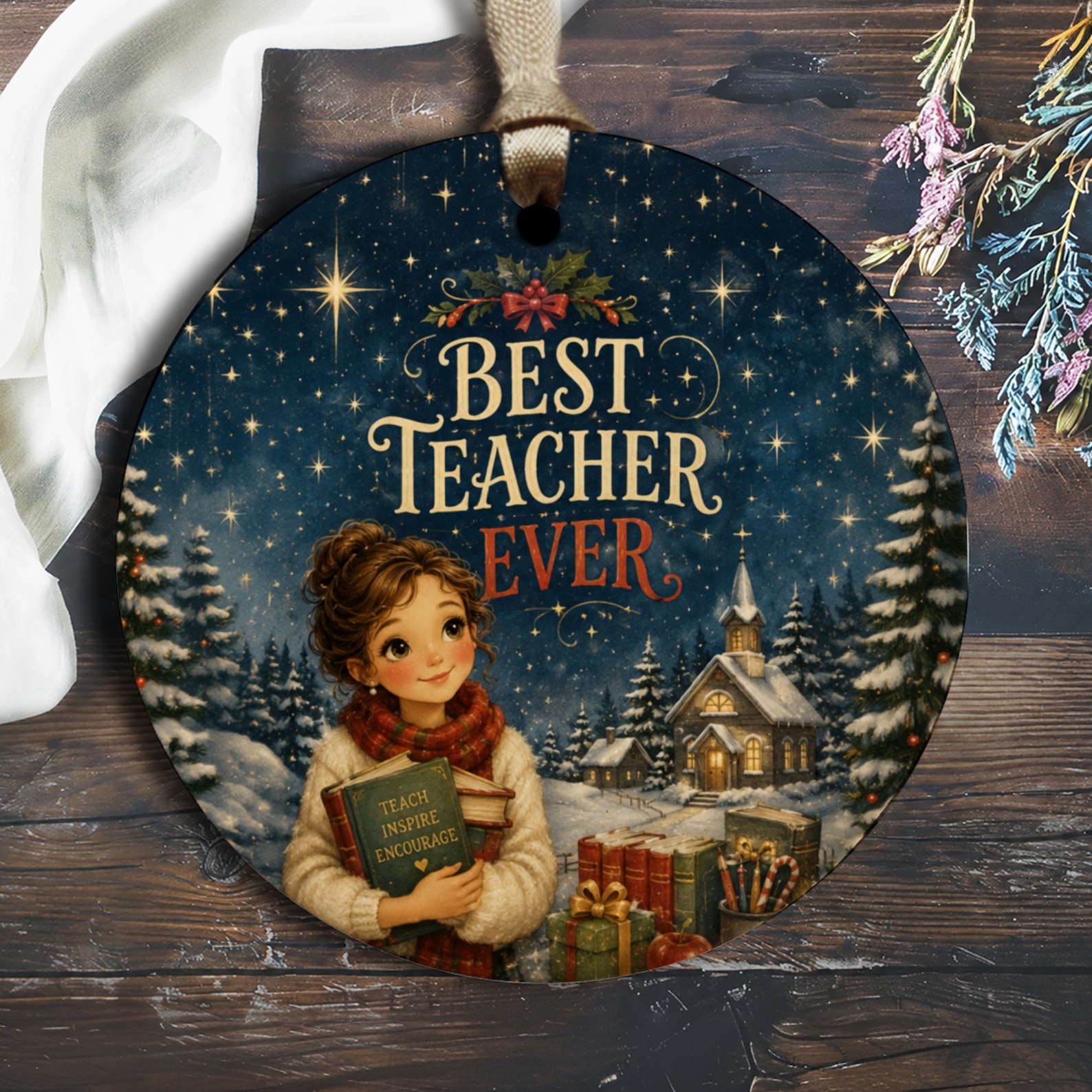 Best Teacher Ever Christmas Ornament Teacher Appreciation Gift Winter Scene Holiday Decor Inspire Encourage O2726
