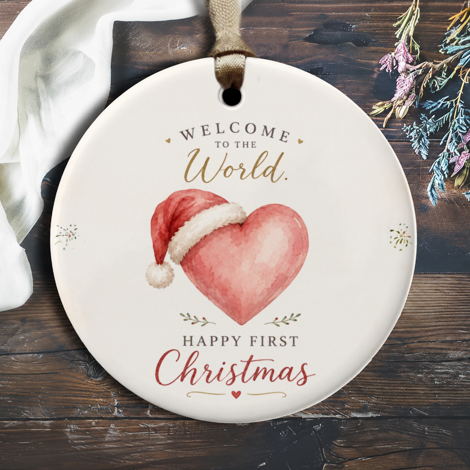 Welcome To The World. Happy First Christmas Ornament Baby's First Christmas Heart Santa Hat Newborn Holiday Decor O2747
