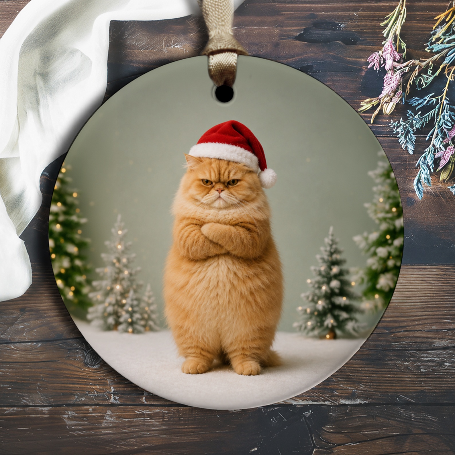 Grumpy Cat Christmas Ornament Funny Holiday Decor Cute Santa Hat Cat Lover Gift Festive Tree Decoration Animal Lover O2750