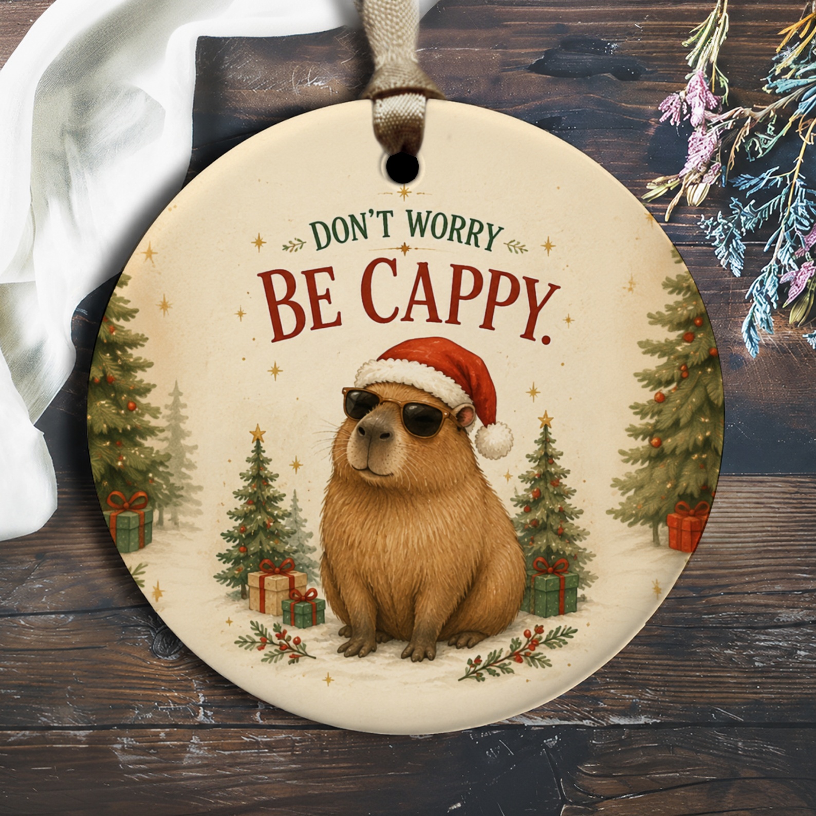 Don't Worry Be Cappy Christmas Ornament Funny Capybara Holiday Decor Cute Animal Lover Gift Festive Tree Decoration O2760