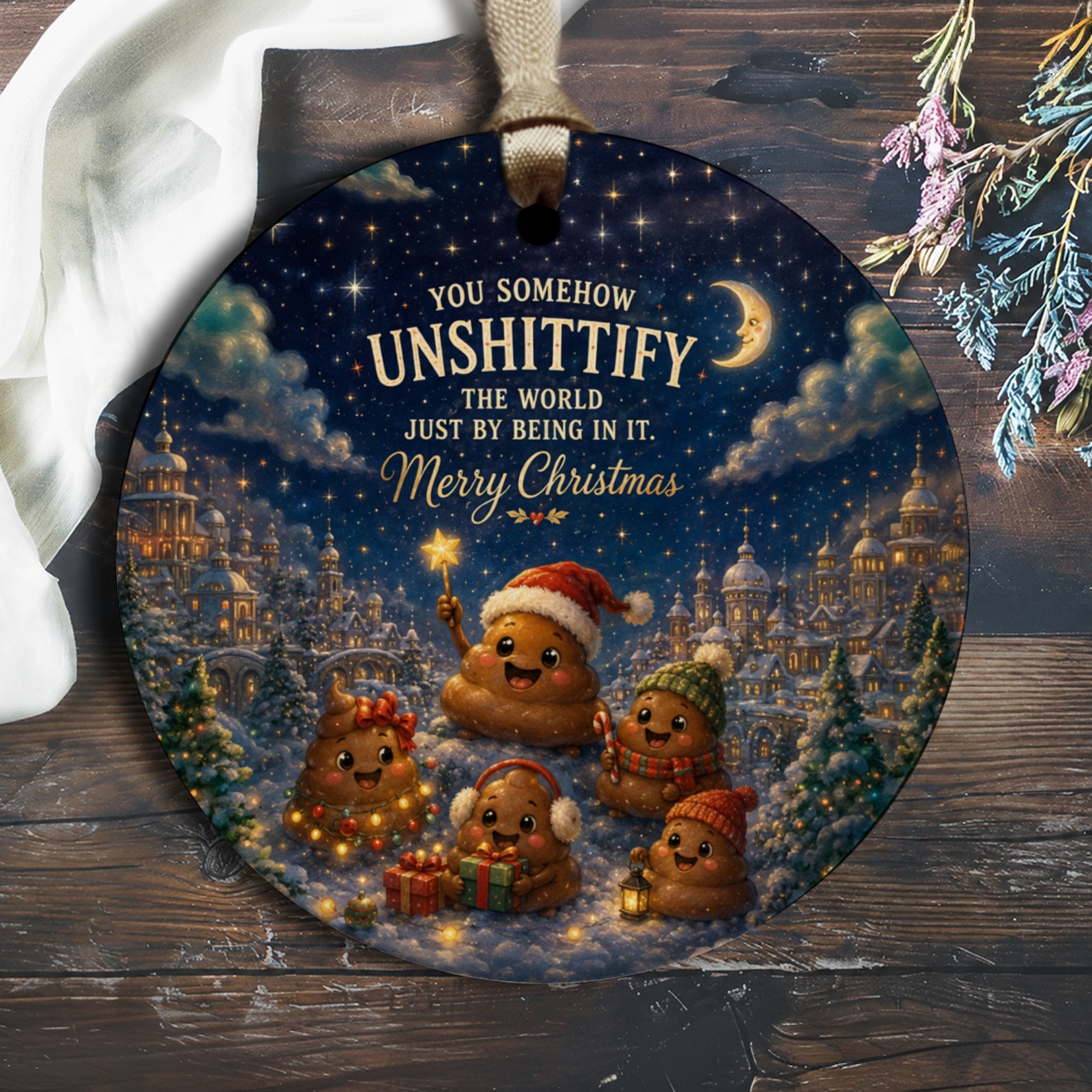You Somehow Unshittify The World Just By Being In It Christmas Ornament Funny Holiday Decor Cute Poop Characters Gift O2763