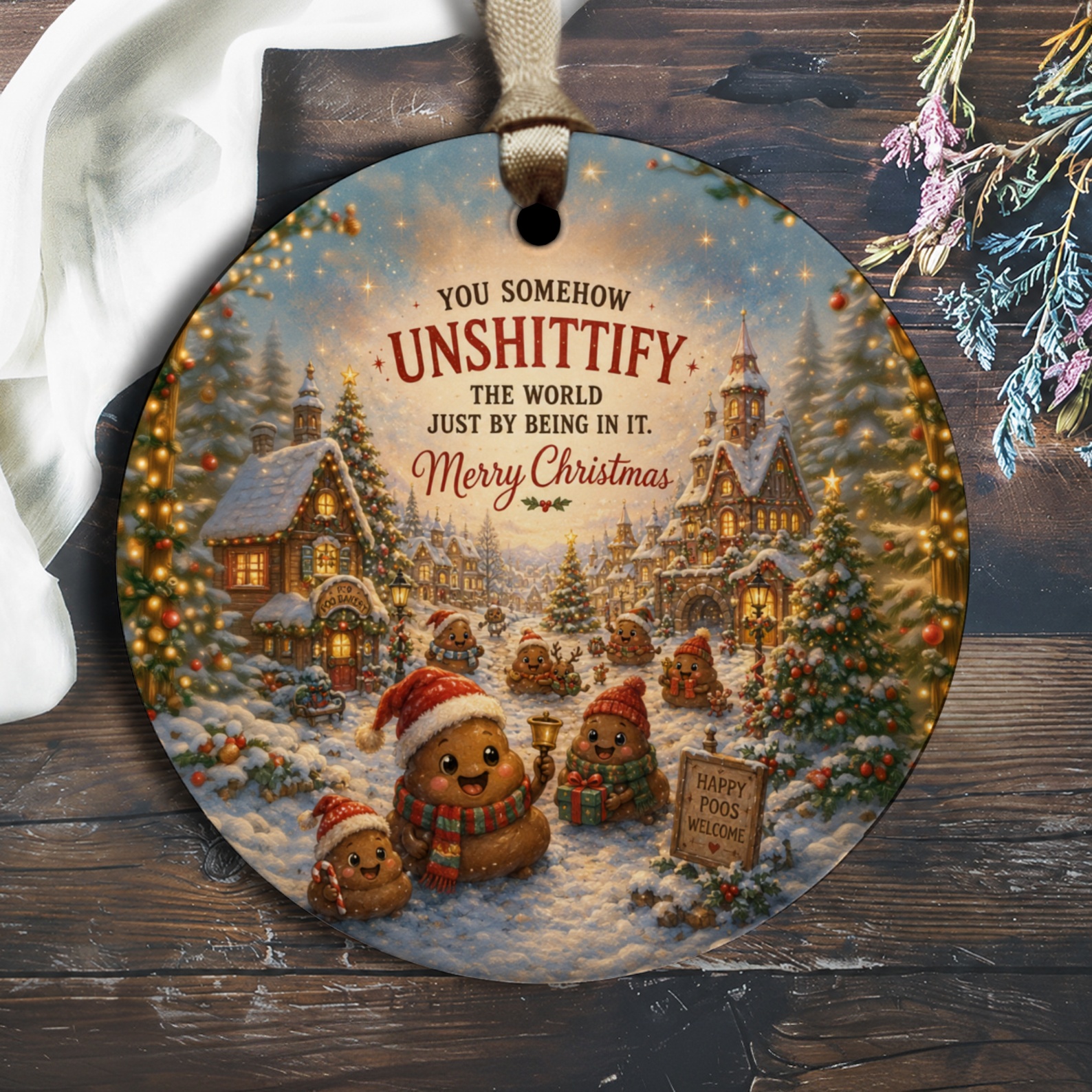You Somehow Unshittify The World Just By Being In It. Merry Christmas Ornament Funny Holiday Decor Cute Festive Gift O2764
