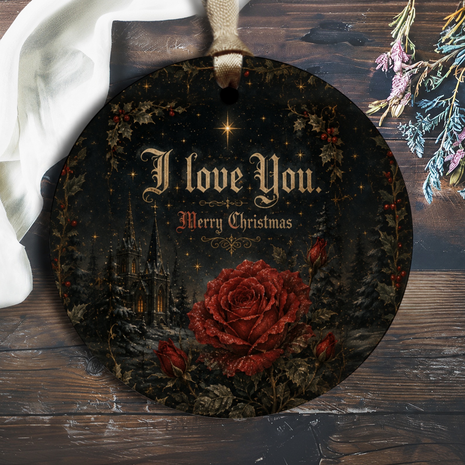 I Love You. Merry Christmas Romantic Ornament Holiday Decor Red Rose Winter Scene Christmas Tree Decoration Gift O2671