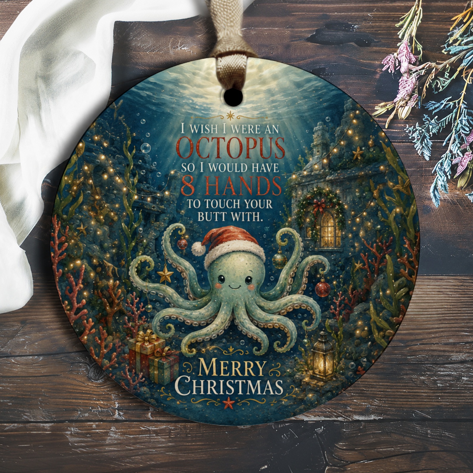 I Wish I Were An Octopus Funny Christmas Ornament Cute Octopus Holiday Decor Underwater Scene Gift For Him Her O2688
