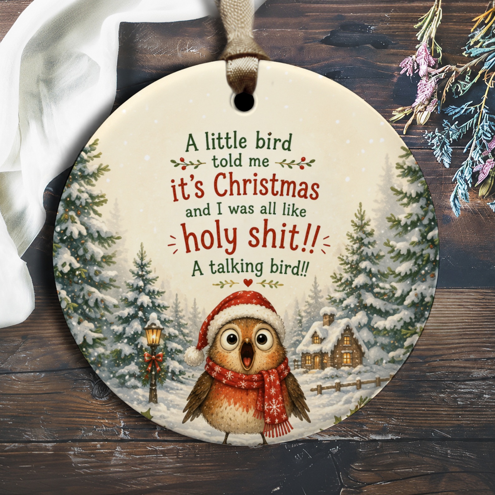 A Little Bird Told Me It's Christmas Funny Ornament Cute Owl Santa Hat Holiday Decor Winter Scene Christmas Ornament O2694