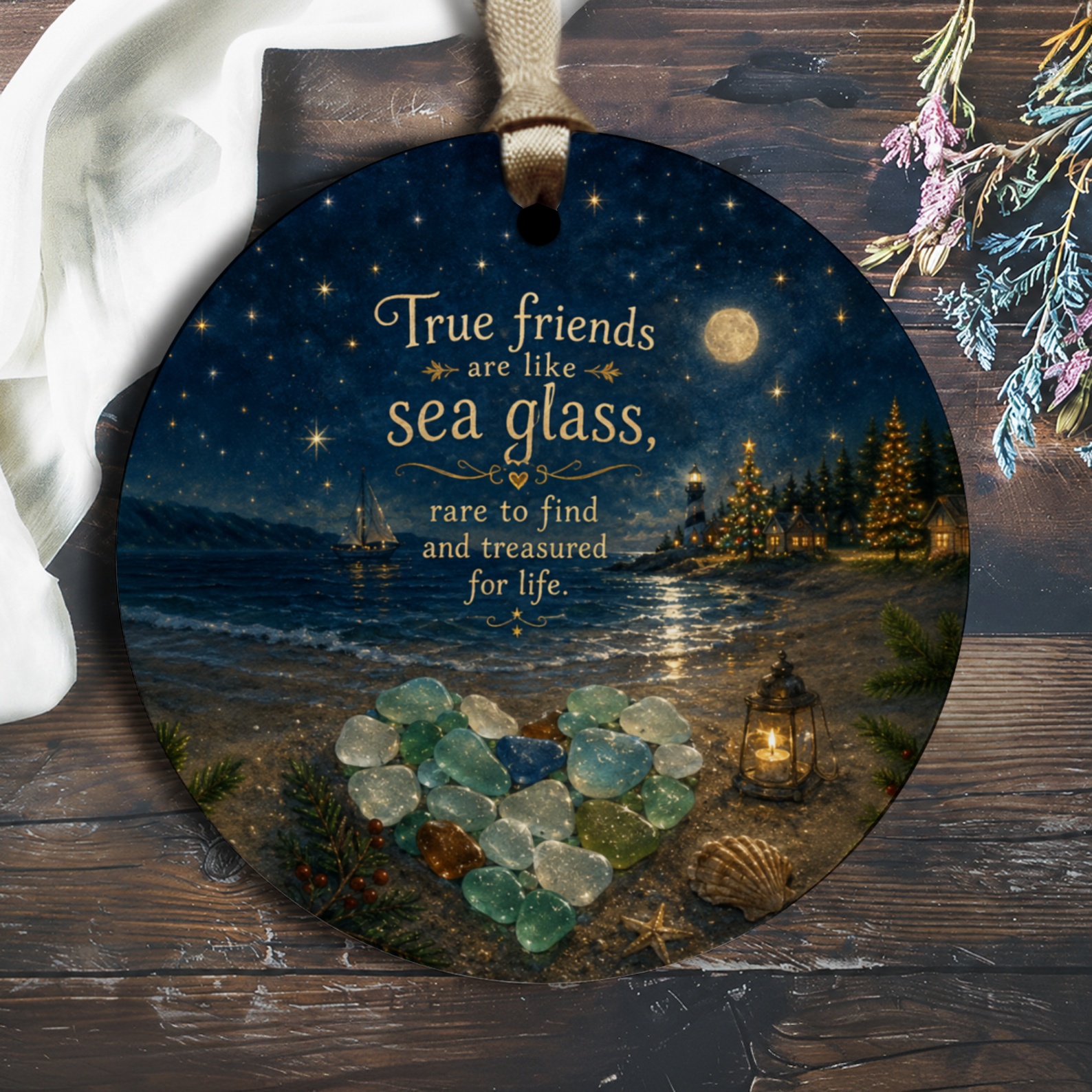 True Friends Are Like Sea Glass Ornament Friendship Gift Beach Scene Heart Keepsake Christmas Tree Decoration O2719