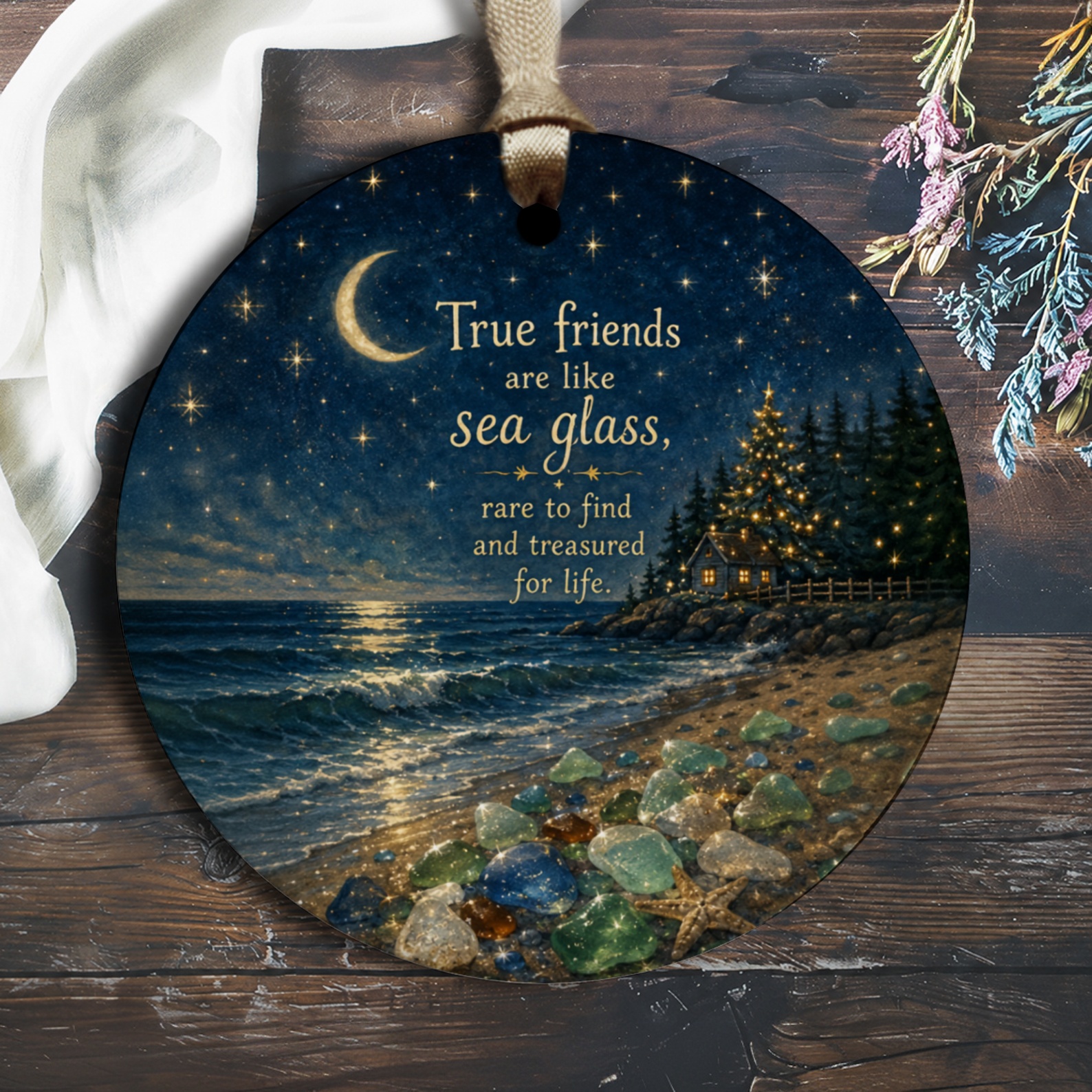 True Friends Are Like Sea Glass Ornament Friendship Gift Beach Scene Keepsake For Best Friend Coastal Decor O2720