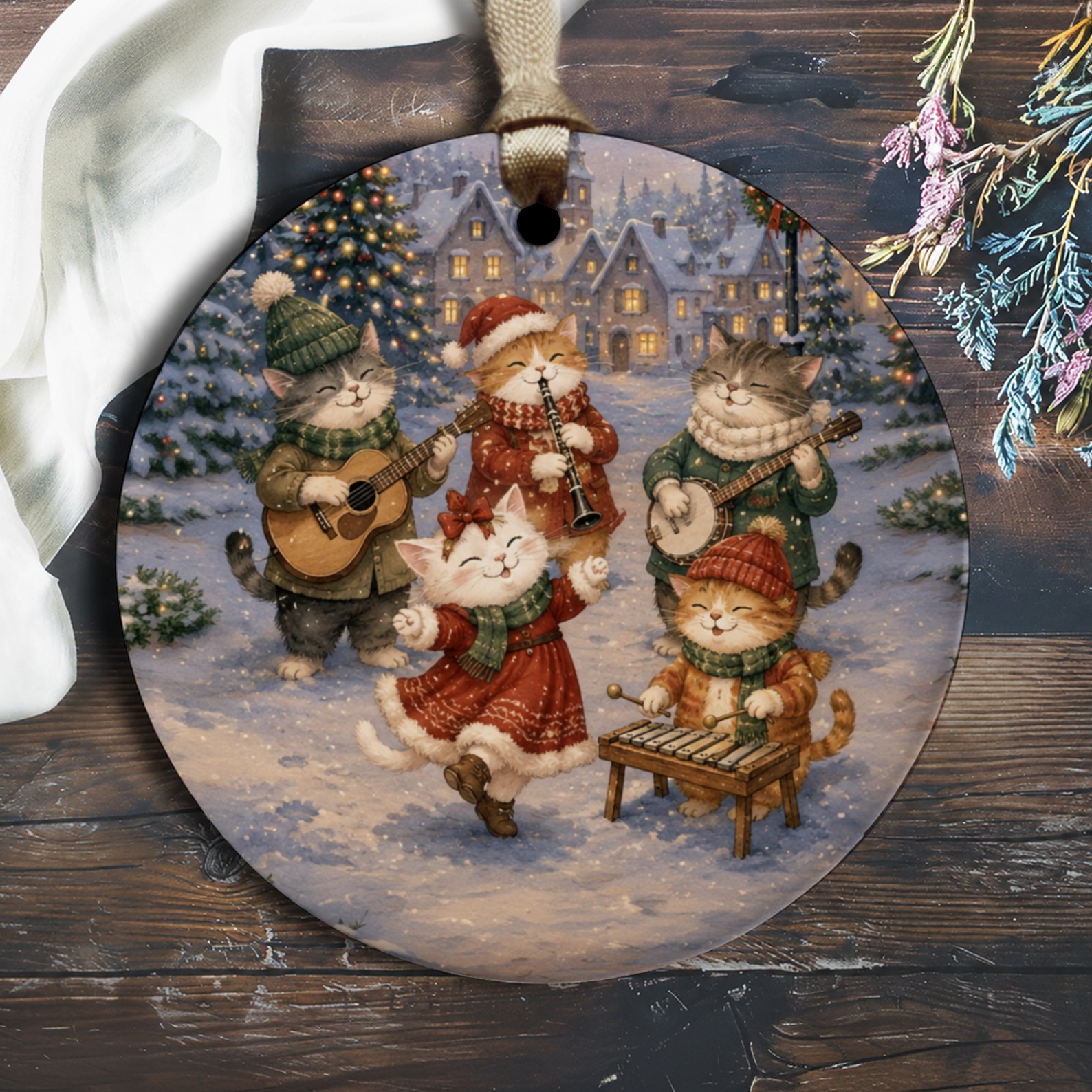 Festive Cats Playing Instruments Christmas Ornament Cute Holiday Decor Cat Lover Gift Winter Scene Ornament O2734