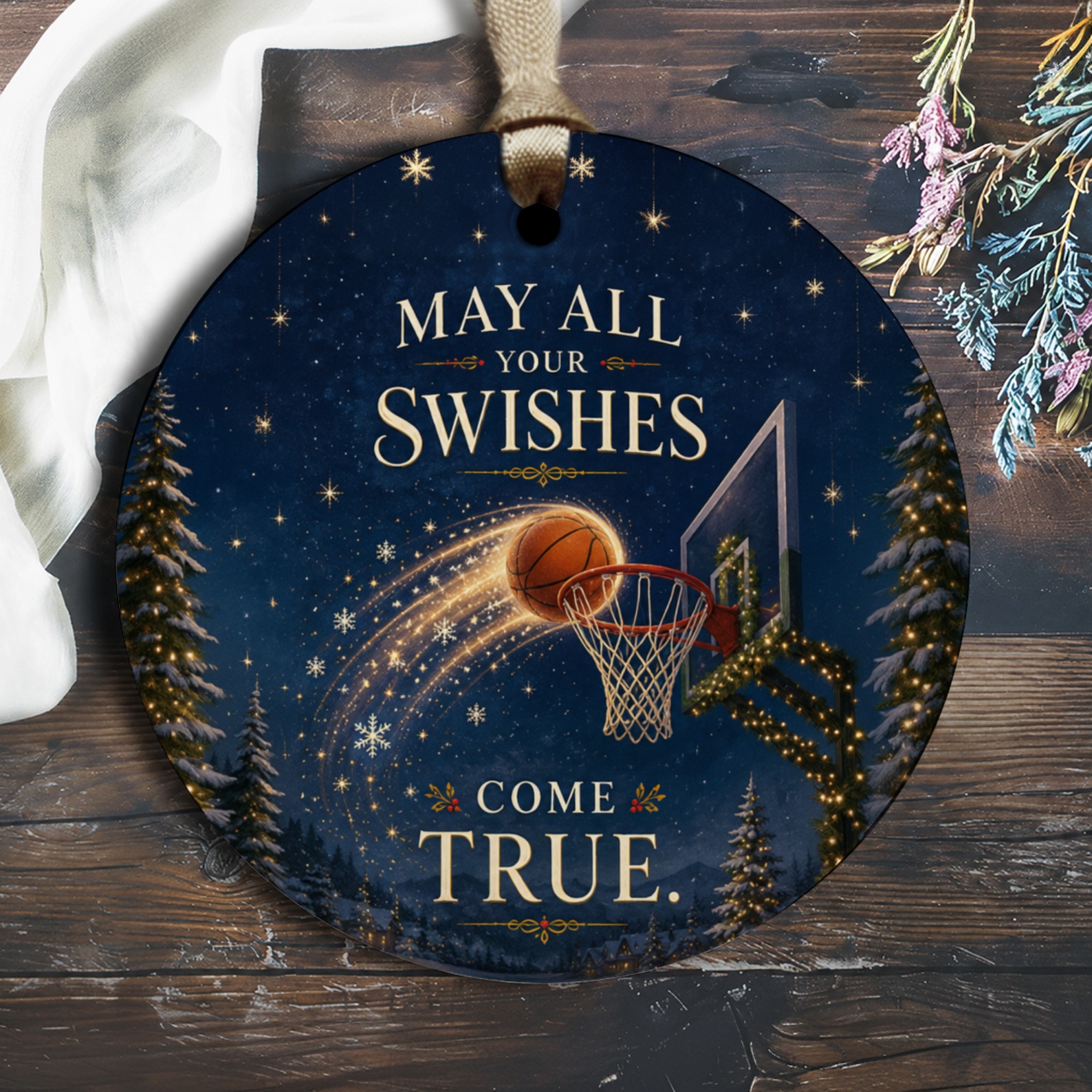 May All Your Swishes Come True Christmas Ornament Basketball Hoop Festive Holiday Decor Sports Lover Gift O2738