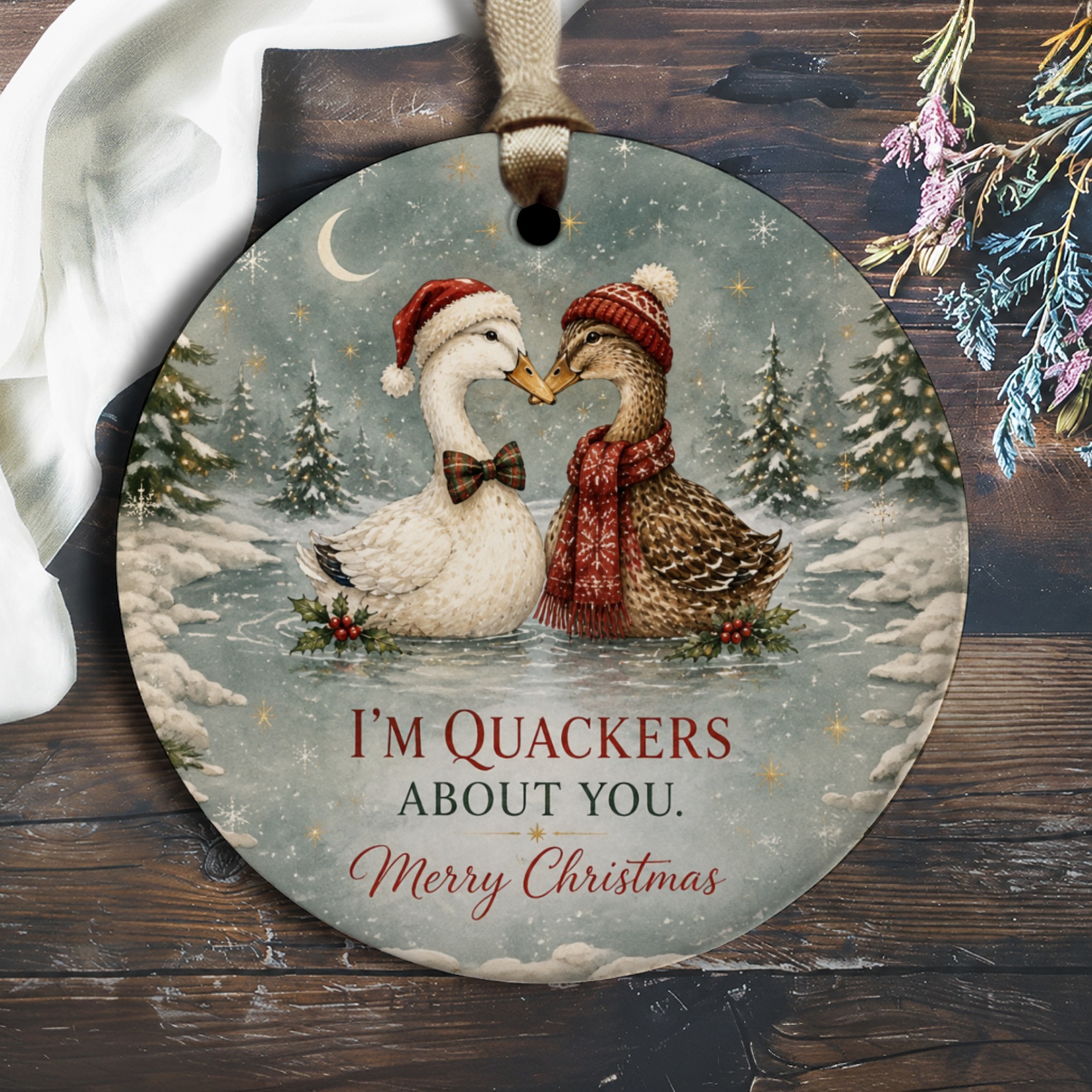 I'm Quackers About You. Merry Christmas Ornament Cute Ducks Winter Scene Holiday Decor Couple Gift O2744