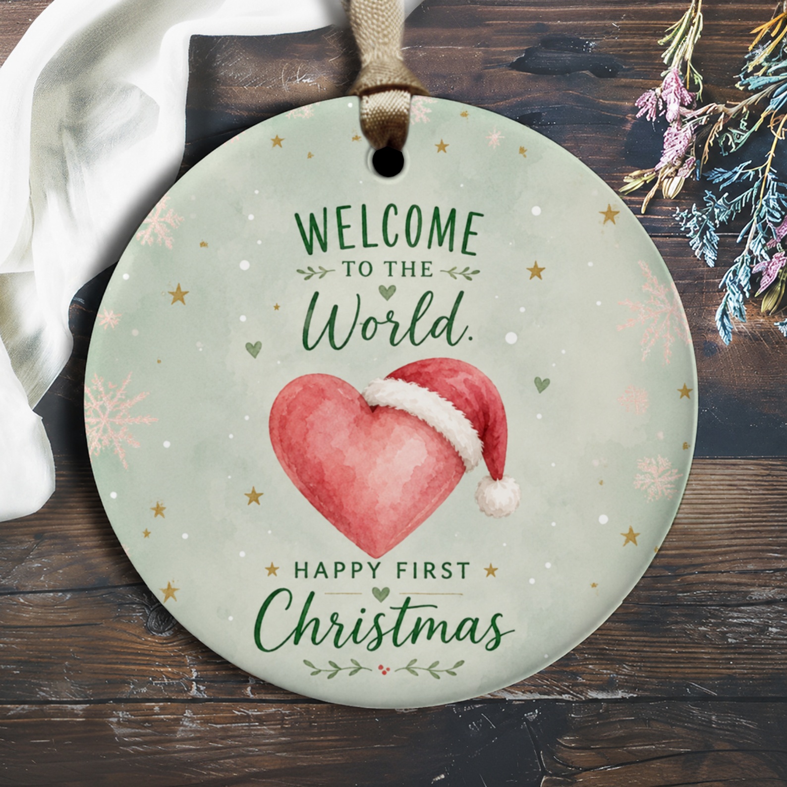 Welcome To The World. Happy First Christmas Ornament Baby's First Christmas Heart Santa Hat Newborn Holiday Decor O2746