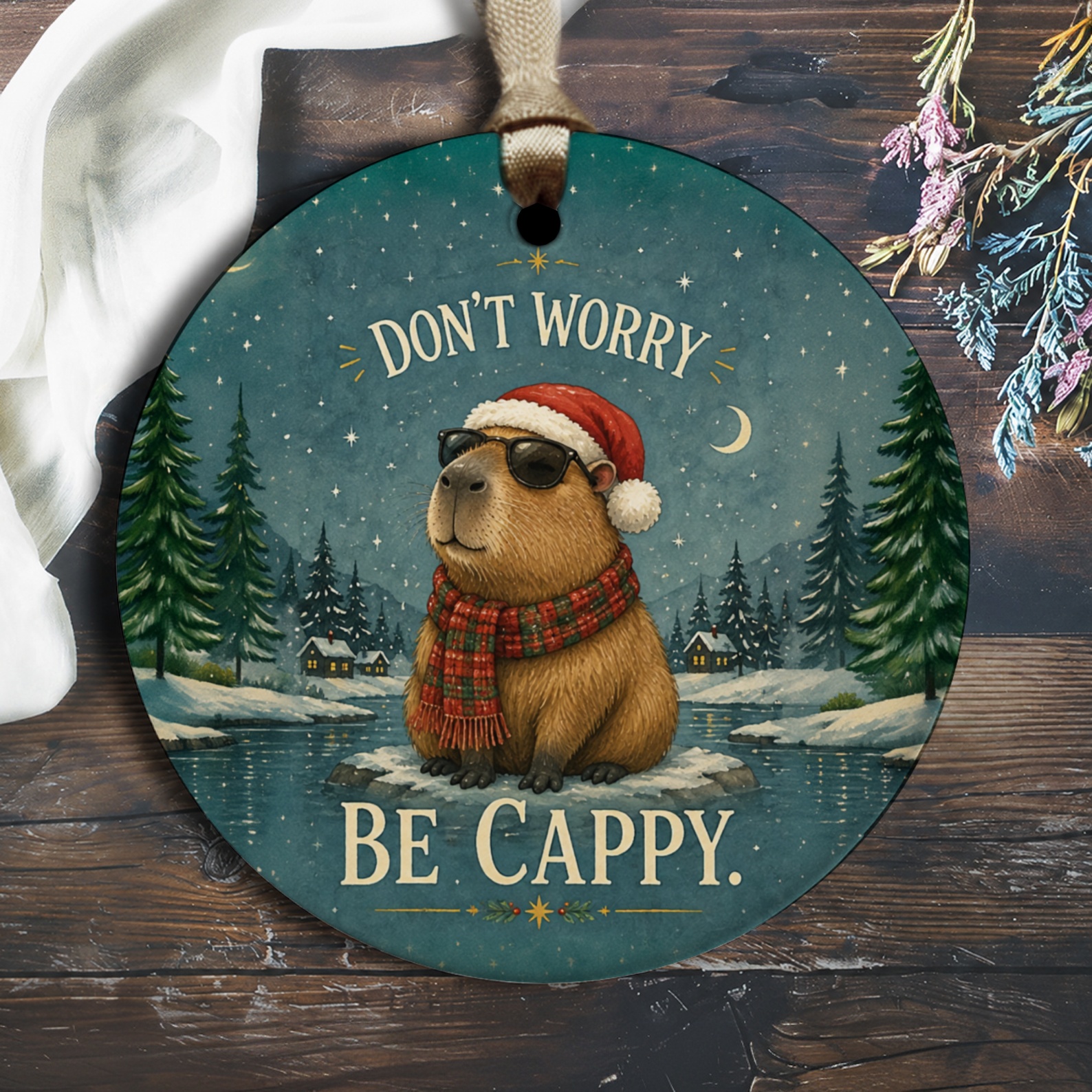 Don't Worry Be Cappy Christmas Ornament Capybara Santa Hat Cute Holiday Decor Winter Scene Funny Animal Gift O2759