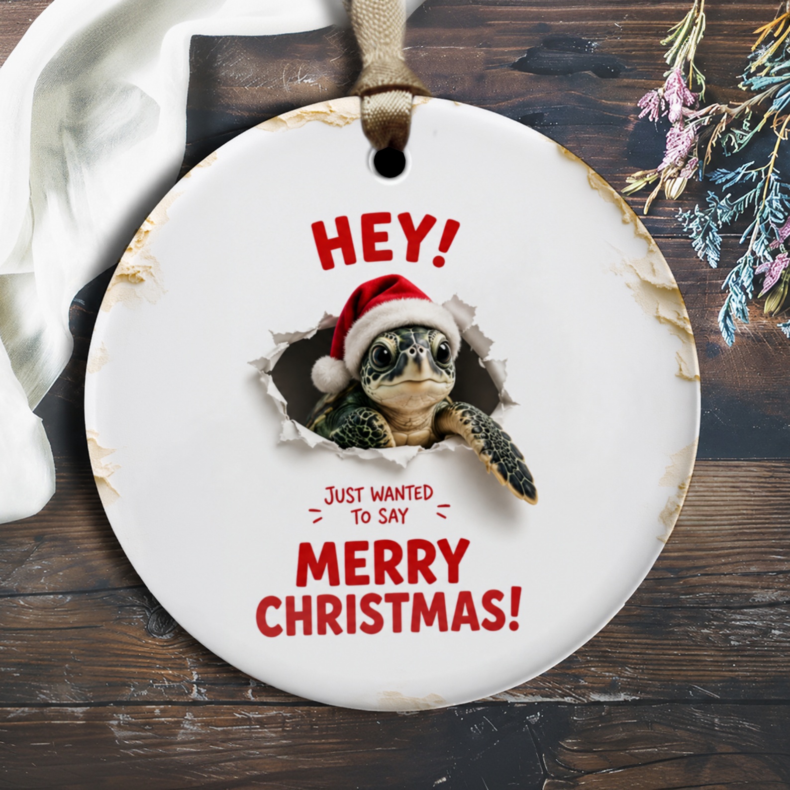 Hey! Just Wanted To Say Merry Christmas! Cute Turtle Ornament Christmas Decor Animal Lover Holiday Gift Fun O2761