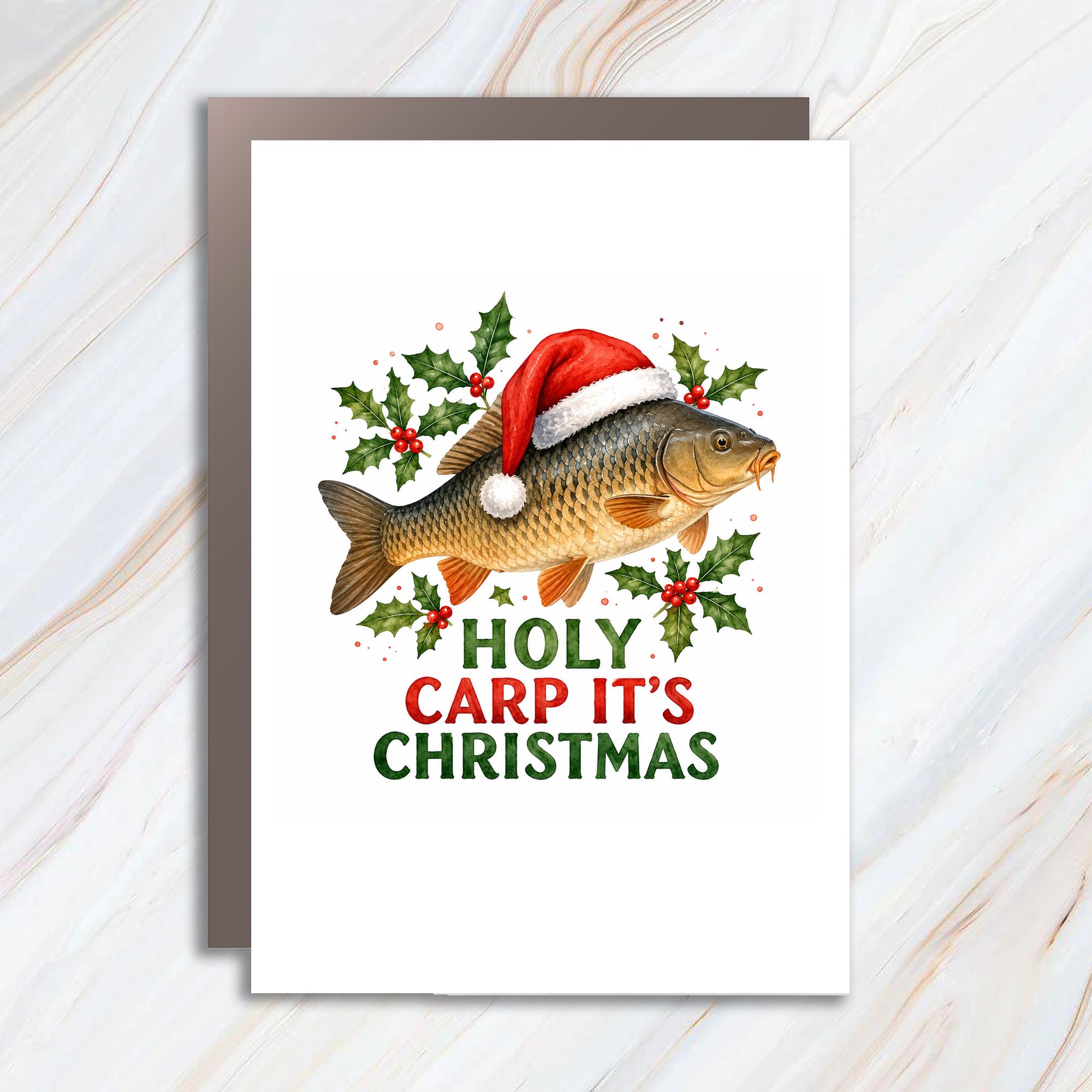 Holy Carp It's Christmas Funny Christmas Card Fish With Santa Hat Holiday Greeting Card For Fisherman Cute Xmas Card C1719