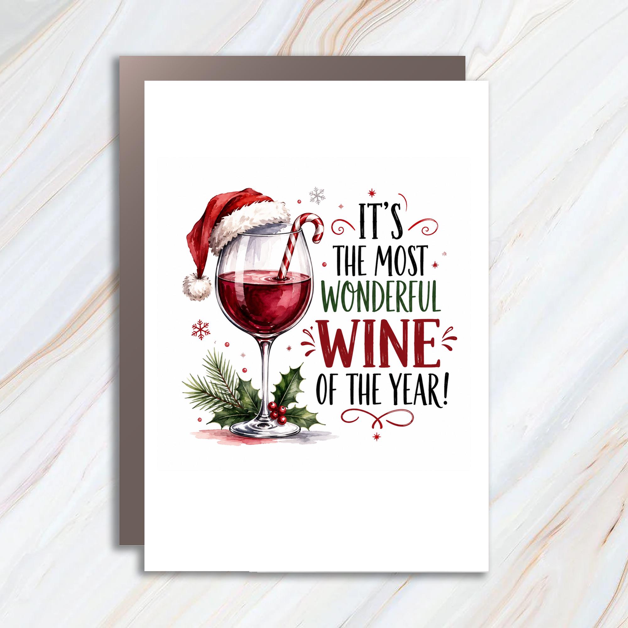 It's The Most Wonderful Wine Of The Year! Funny Christmas Card Wine Lover Holiday Greeting Card Cute Santa Hat C1721