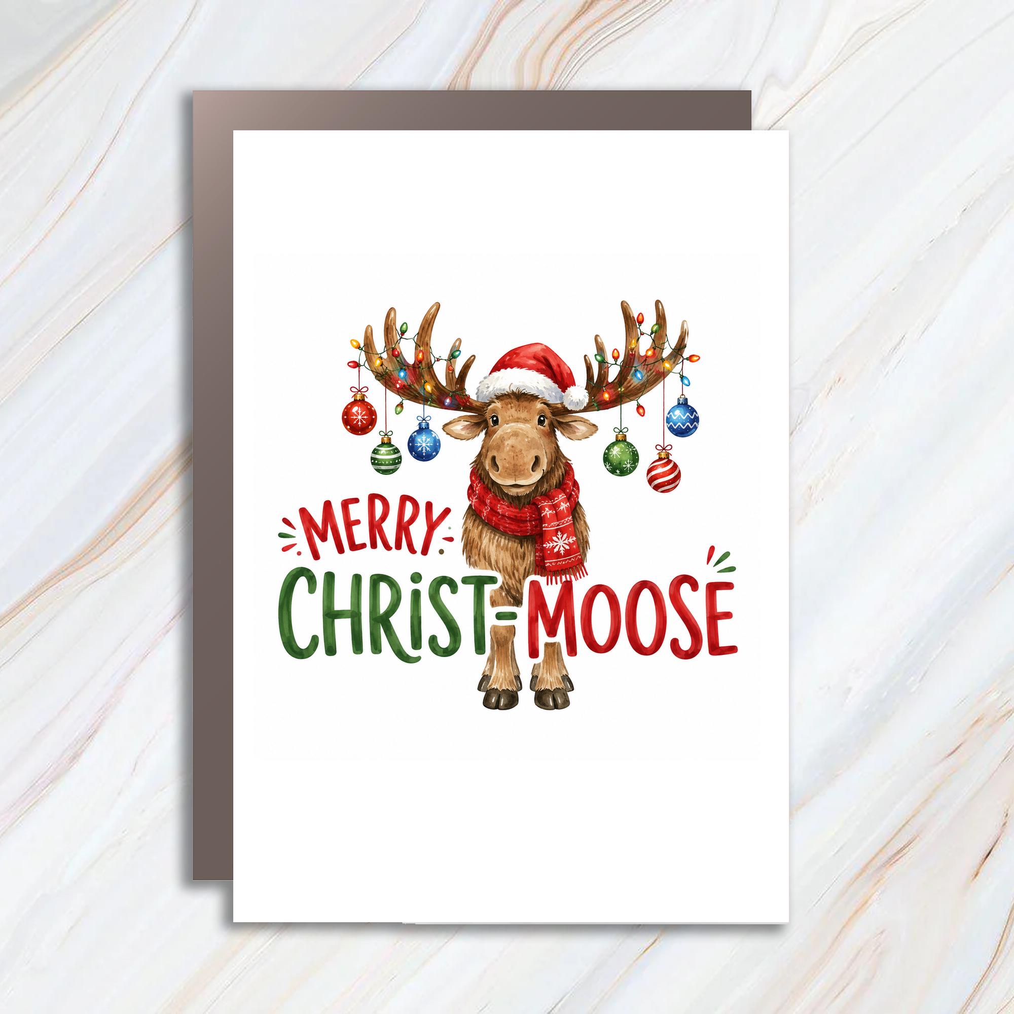 Merry Christ-Moose Funny Christmas Card Cute Holiday Greeting Card Moose With Lights For Animal Lovers Festive Xmas Card C1723