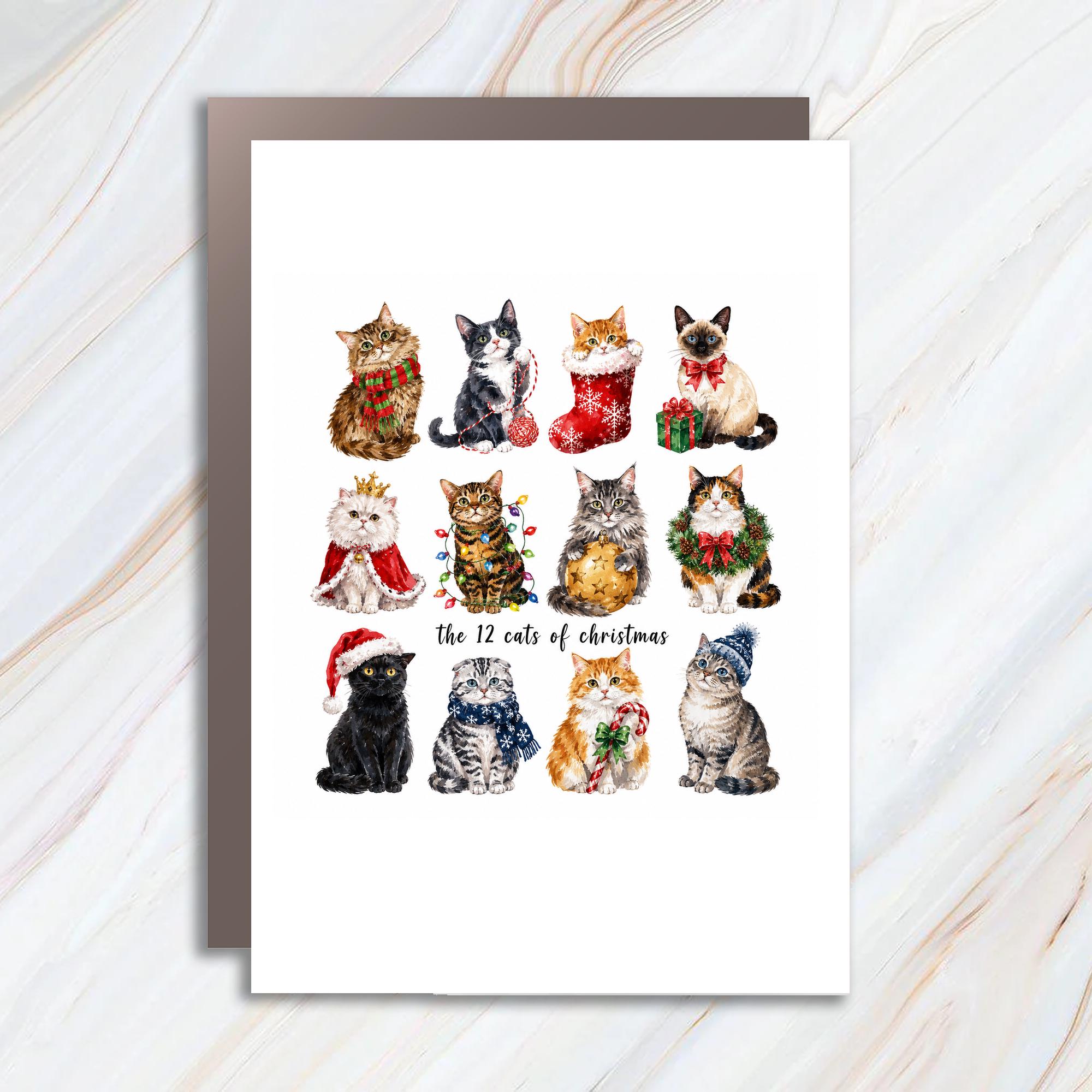 The 12 Cats Of Christmas Cute Holiday Card Cat Lover Christmas Card Funny Festive Cats Greeting Card For Cat Lovers C1712
