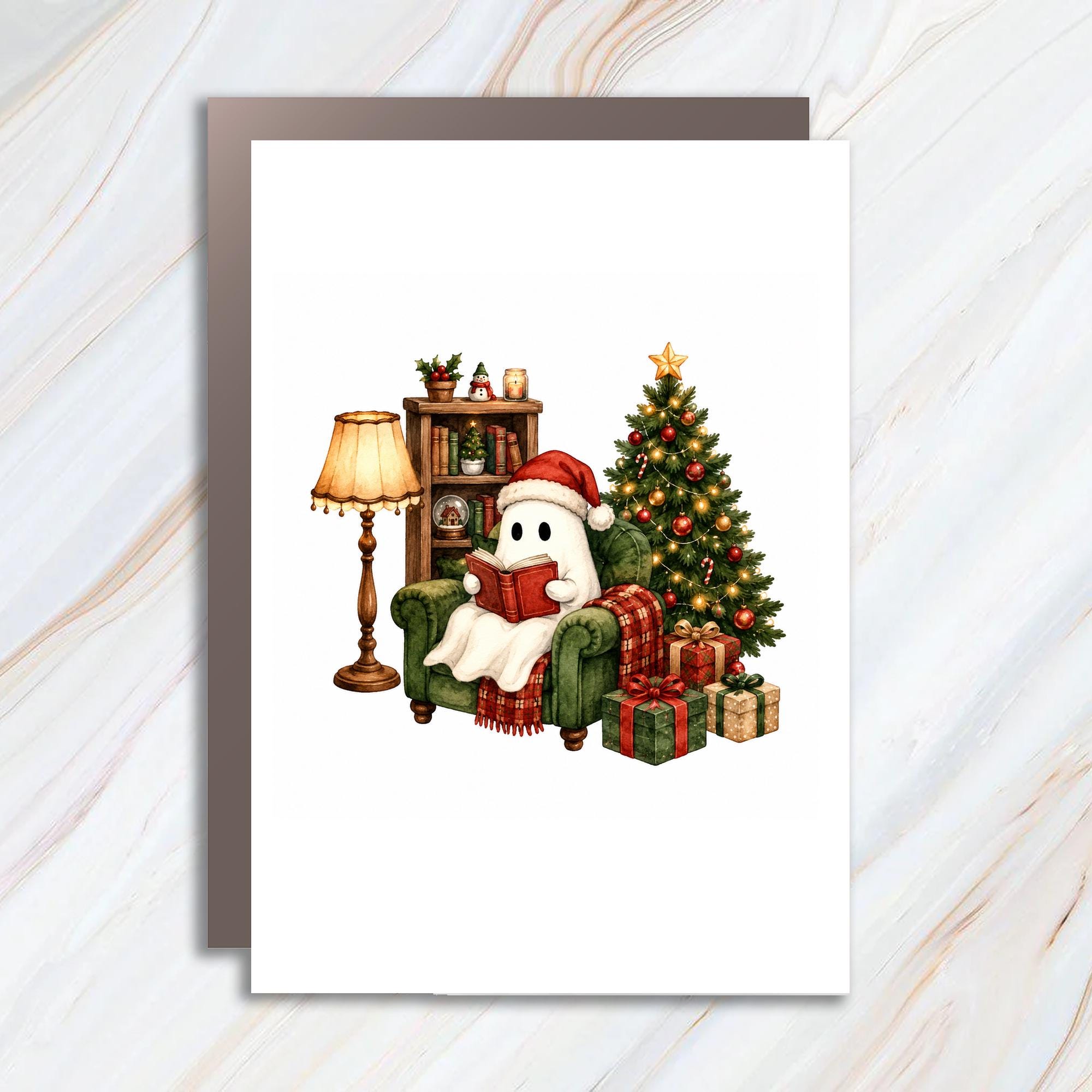 Ghost Reading Christmas Card Cute Holiday Greeting Card Festive Christmas Tree For Book Lover Cozy Winter Scene C1726