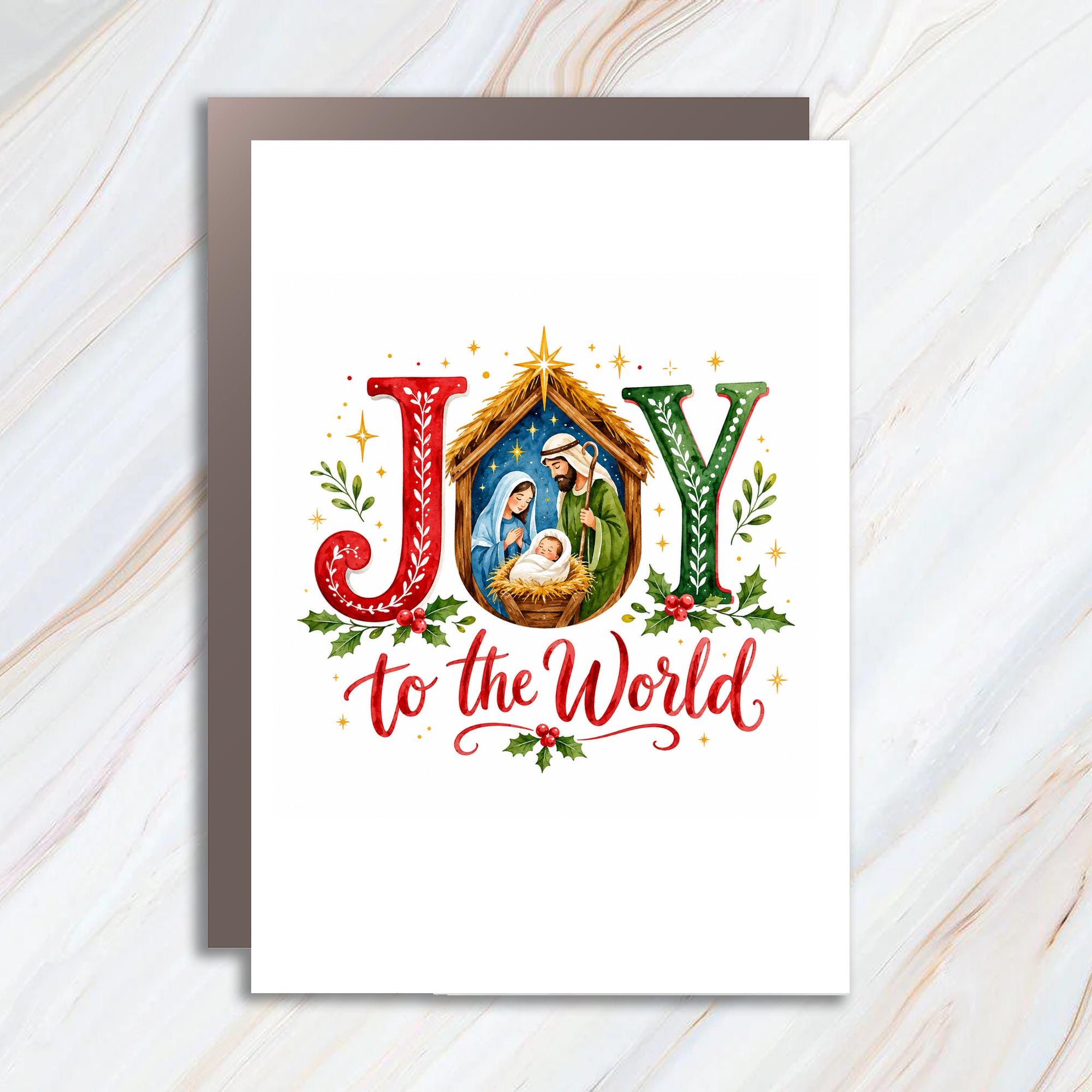 Joy To The World Christmas Card Nativity Scene Religious Holiday Greeting Card For Family Festive Holly C1728