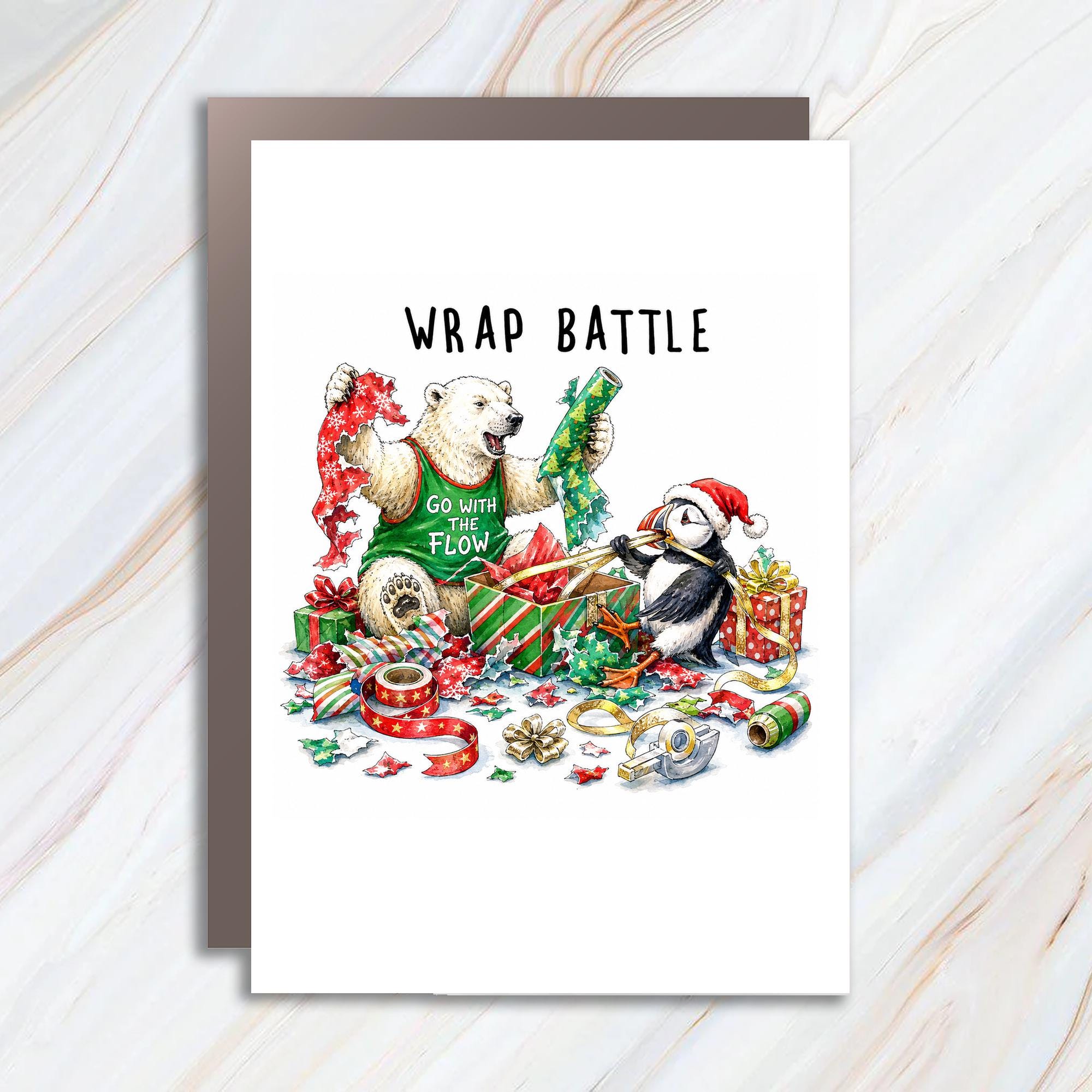 Wrap Battle Funny Christmas Card Polar Bear Puffin Holiday Cute Animal Greeting Card For Friends Family Xmas Card C1743