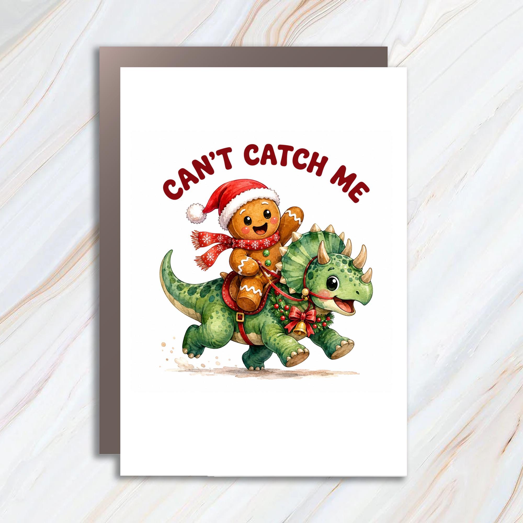Can't Catch Me Funny Christmas Card Gingerbread Man Riding Dinosaur Cute Holiday Greeting Card For Kids Family C1730