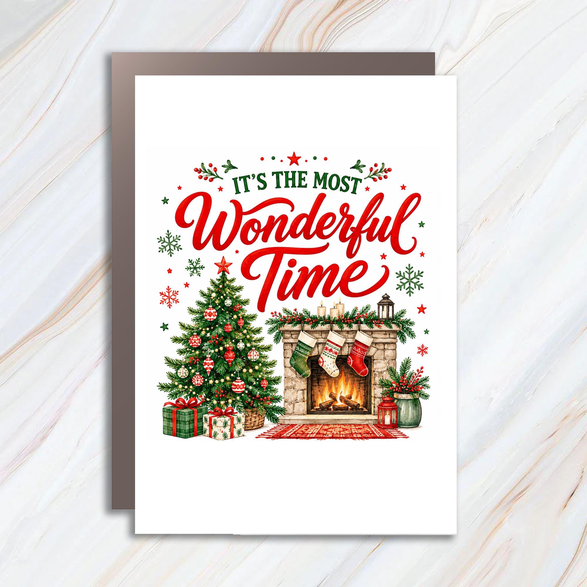 It's The Most Wonderful Time Christmas Card Festive Holiday Greeting Card Cozy Fireplace Christmas Tree C1739