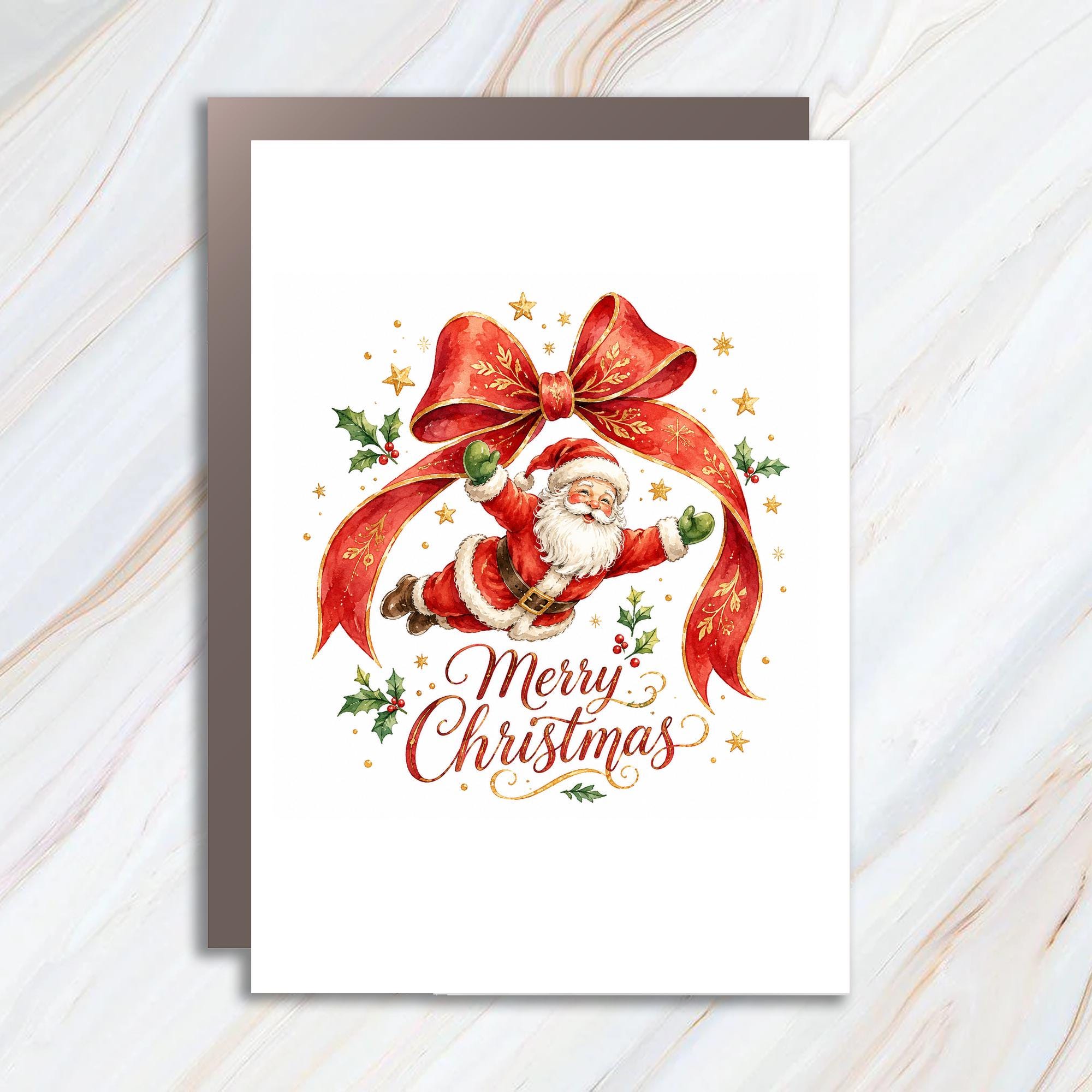 Merry Christmas Santa Card Festive Holiday Greeting Card With Red Ribbon Holly For Family Friends Cute Xmas Card C1741
