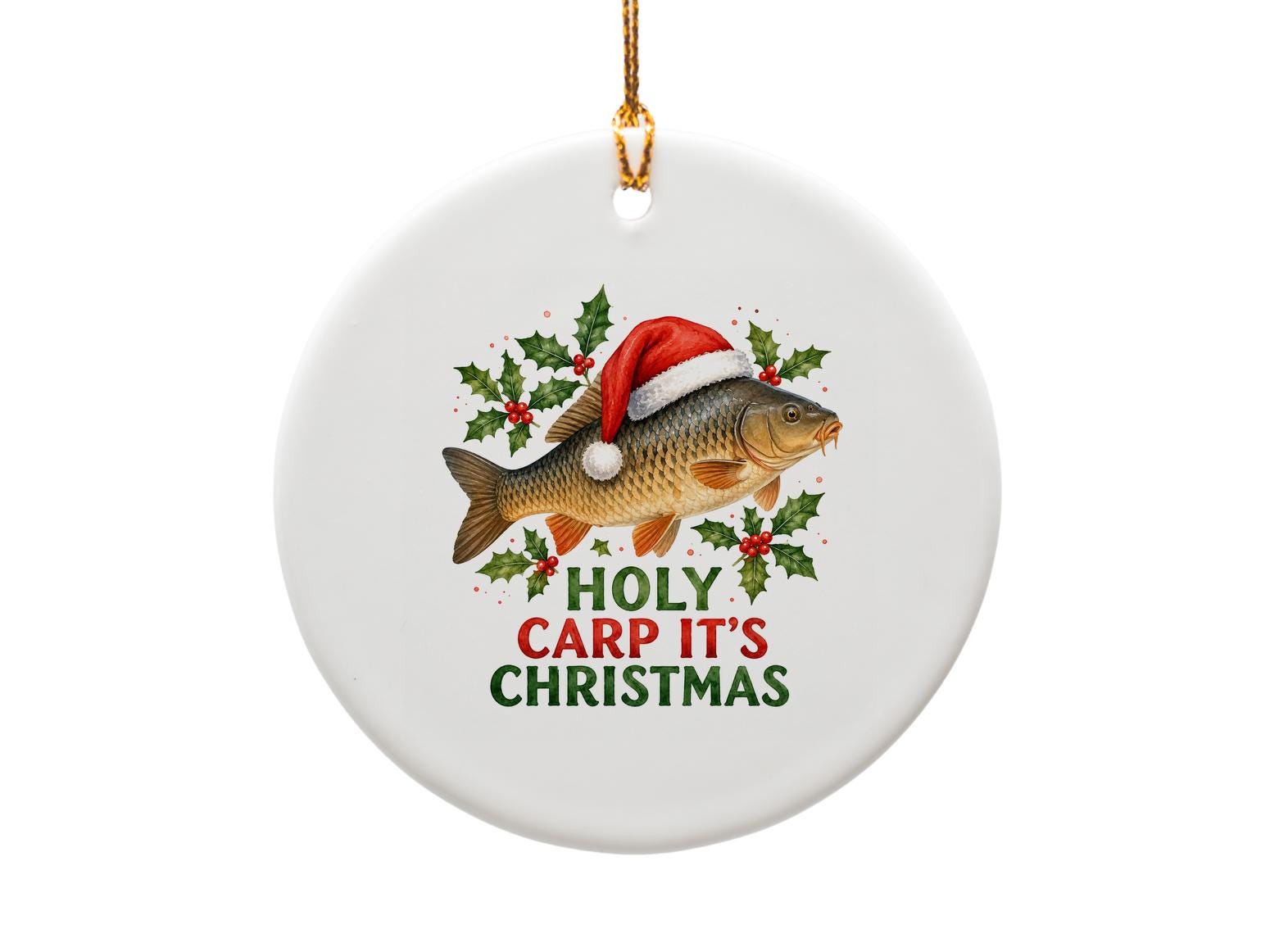 Holy Carp It's Christmas Funny Fish Ornament Christmas Decor Holiday Gift For Fishermen Cute Santa Hat Holly O1719