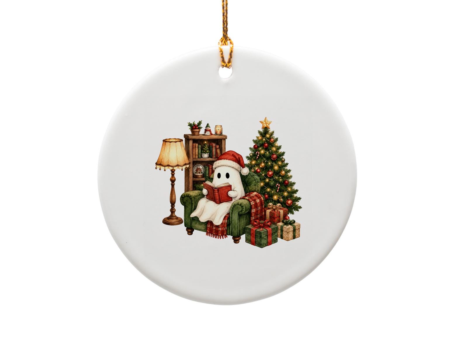 Ghost Reading Book Christmas Ornament Cute Holiday Decor Festive Tree Decoration Cozy Winter Scene Gift For Book Lover O1726