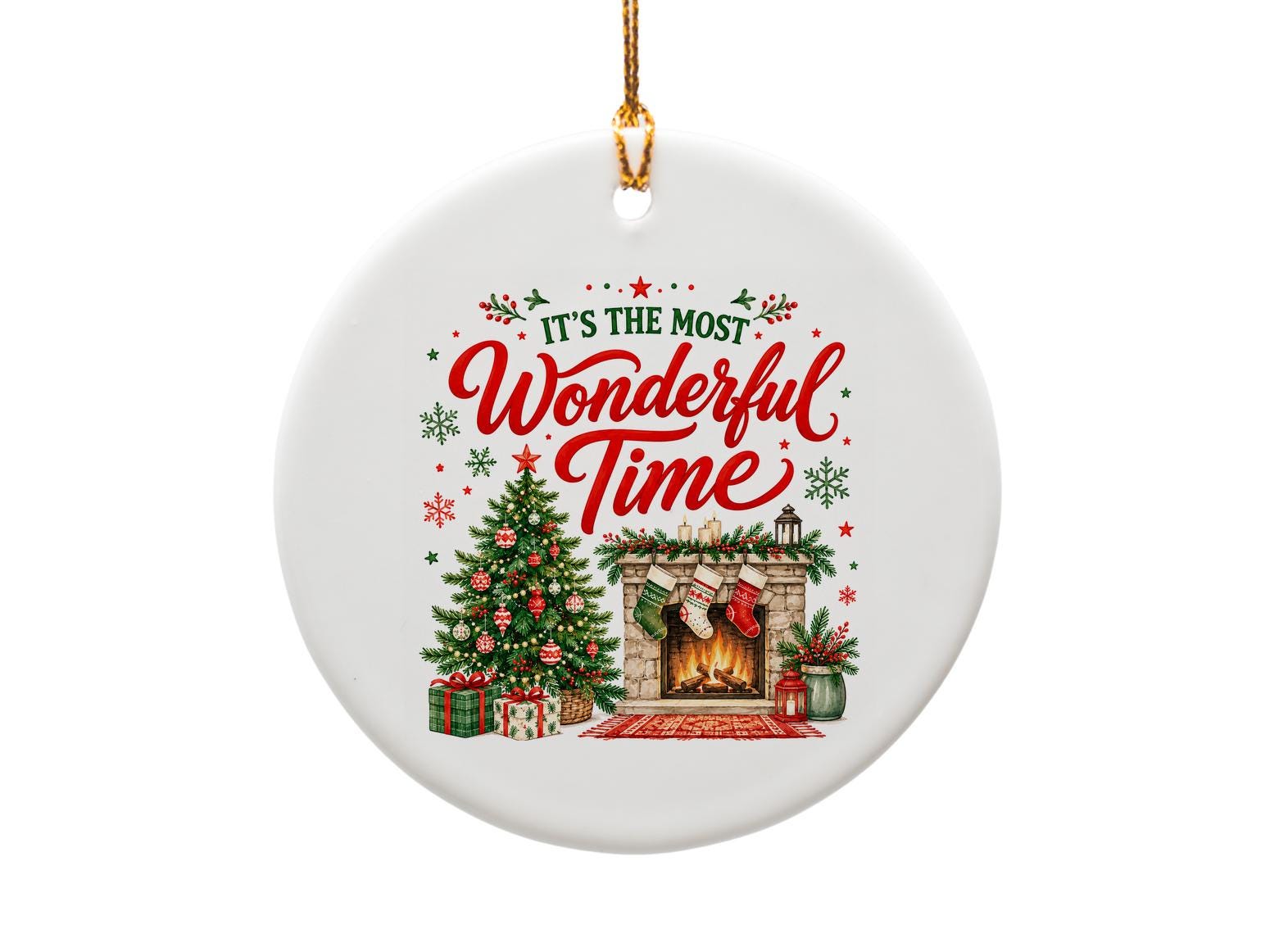 It's The Most Wonderful Time Christmas Ornament Festive Holiday Decor Tree Decoration Cozy Fireplace Scene O1739