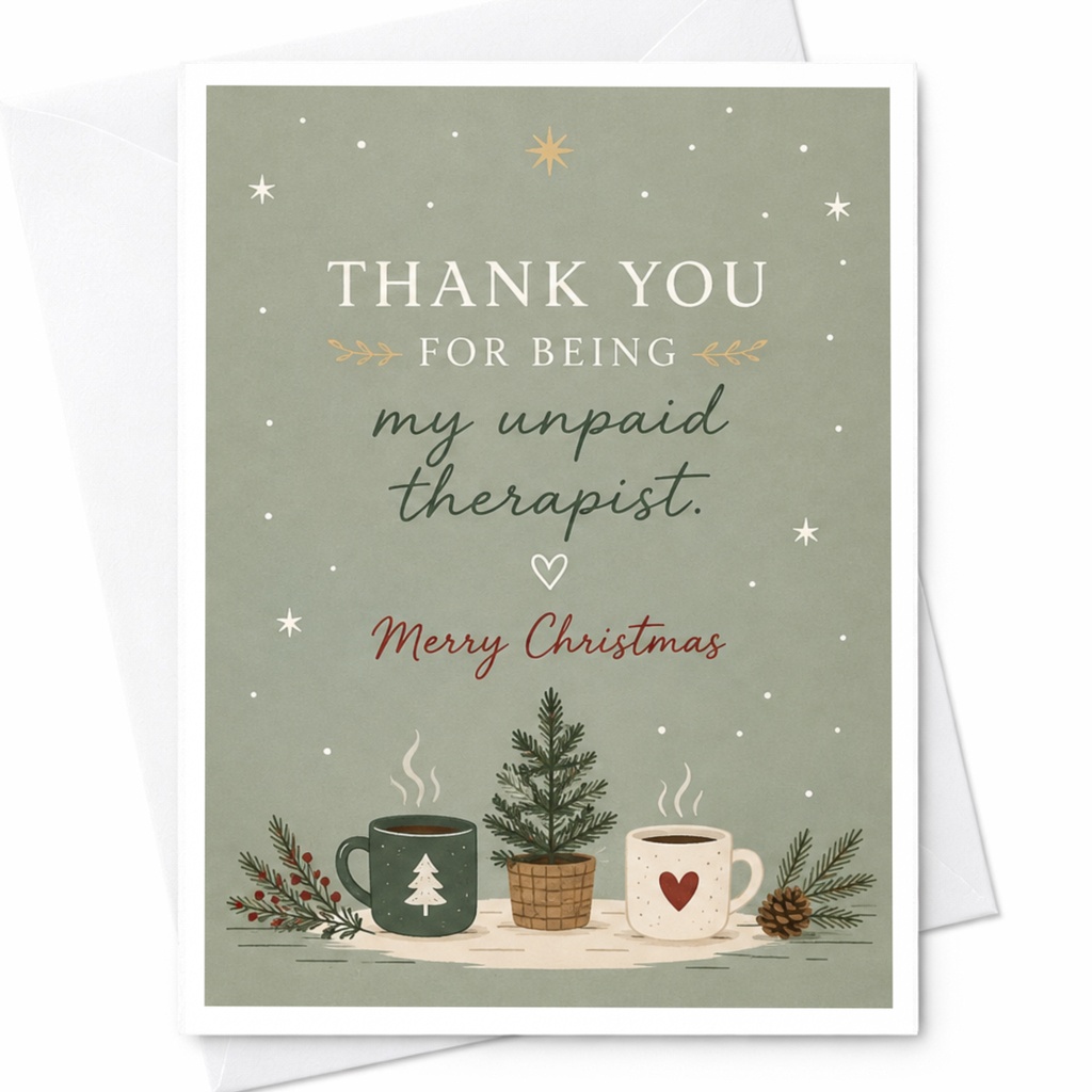 Thank You For Being My Unpaid Therapist. Merry Christmas Card Funny Holiday Greeting For Friend Cute Festive Mug C7054