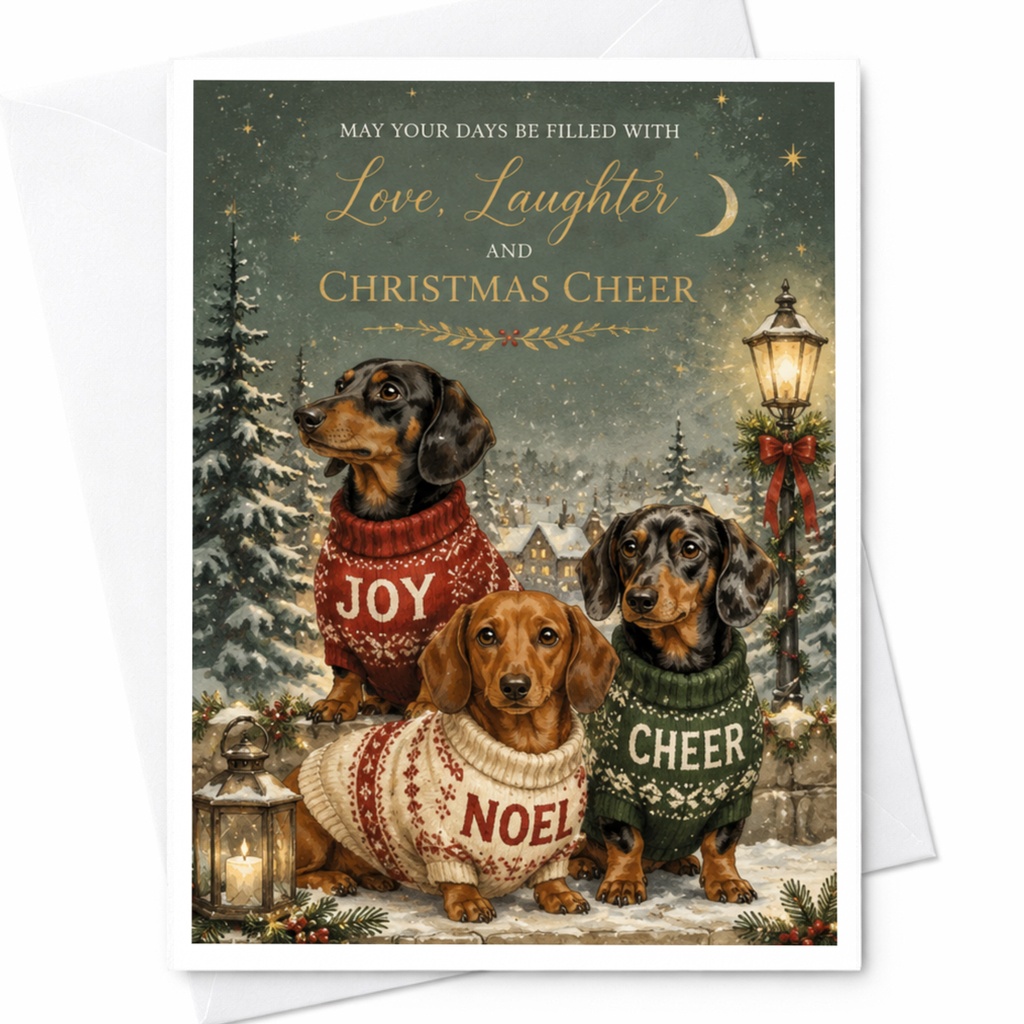 May Your Days Be Filled With Love, Laughter And Christmas Cheer Christmas Card Cute Dachshund Dogs Holiday Greeting Card C7058