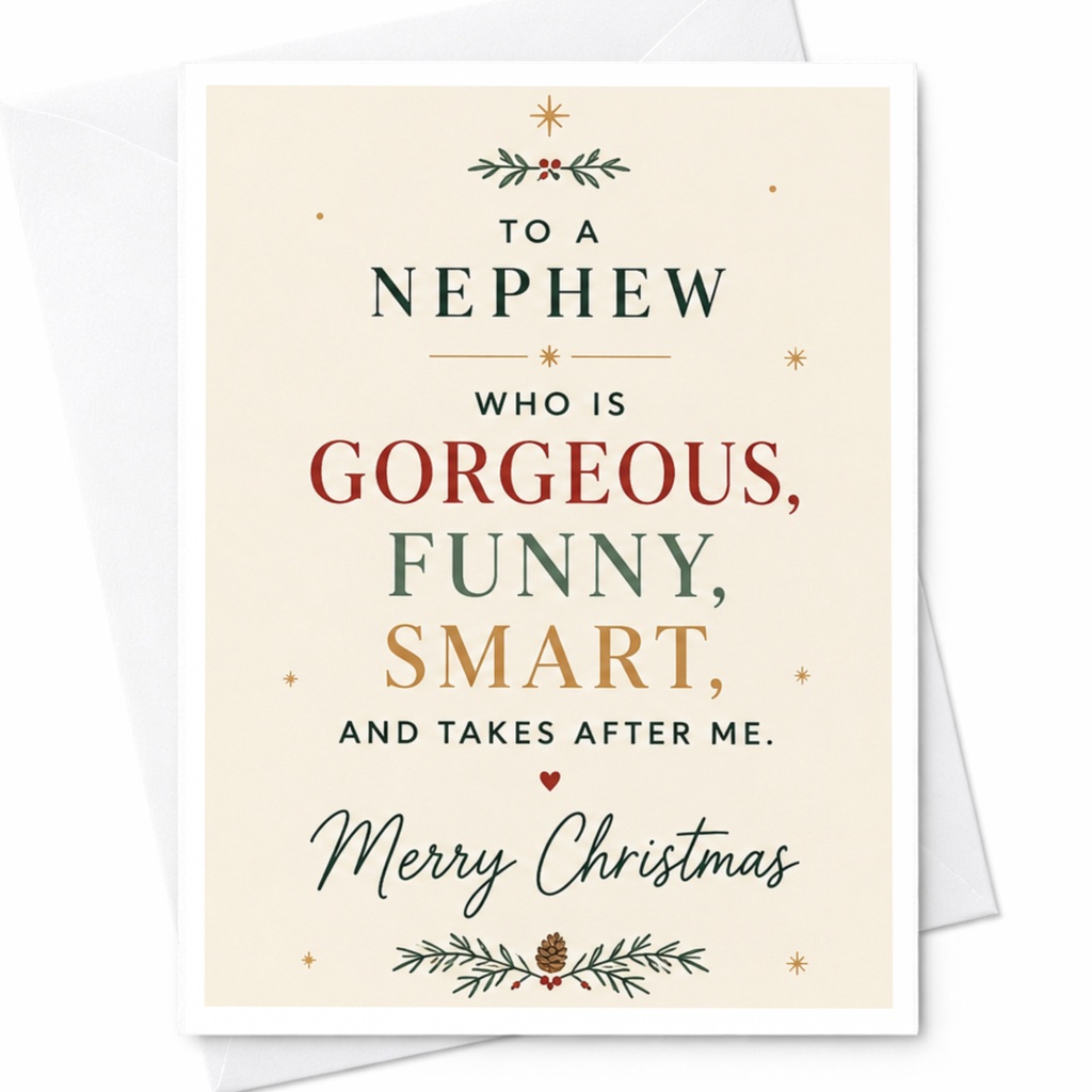 To A Nephew Who Is Gorgeous, Funny, Smart, And Takes After Me. Merry Christmas Card For Nephew Funny Holiday Greeting C7059