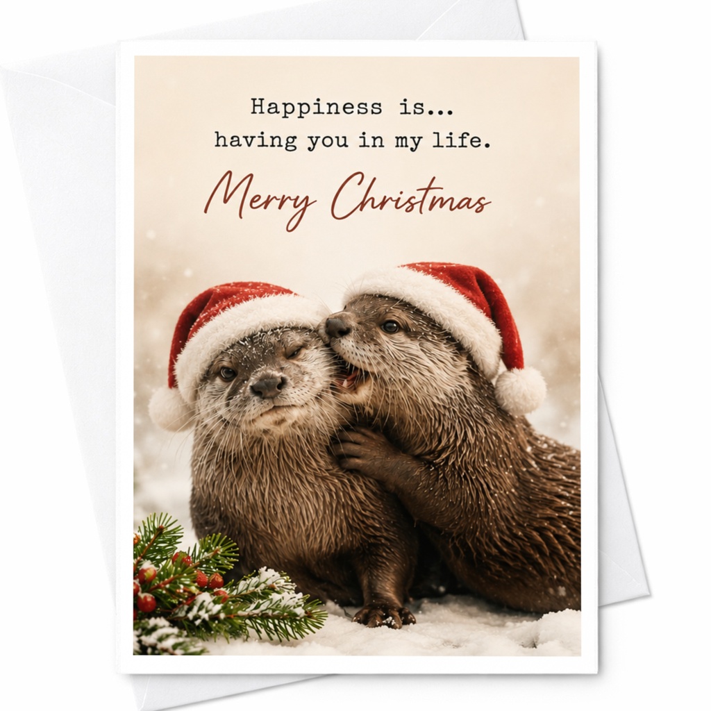 Happiness Is... Having You In My Life. Merry Christmas Cute Otter Christmas Card Animal Lover Holiday Greeting Card C7061