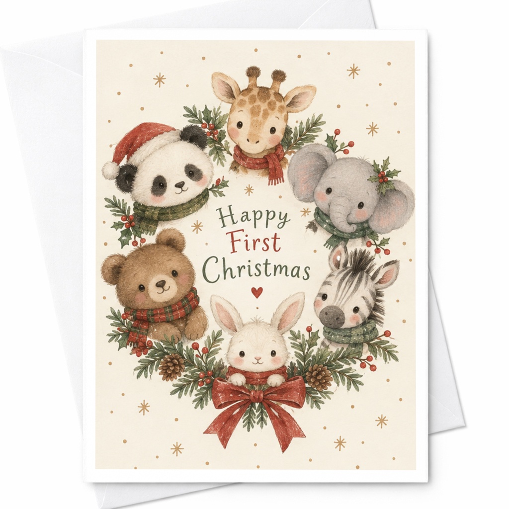 Happy First Christmas Cute Animal Wreath Card Baby's First Christmas Card Adorable Holiday Greeting Card For Kids C7063