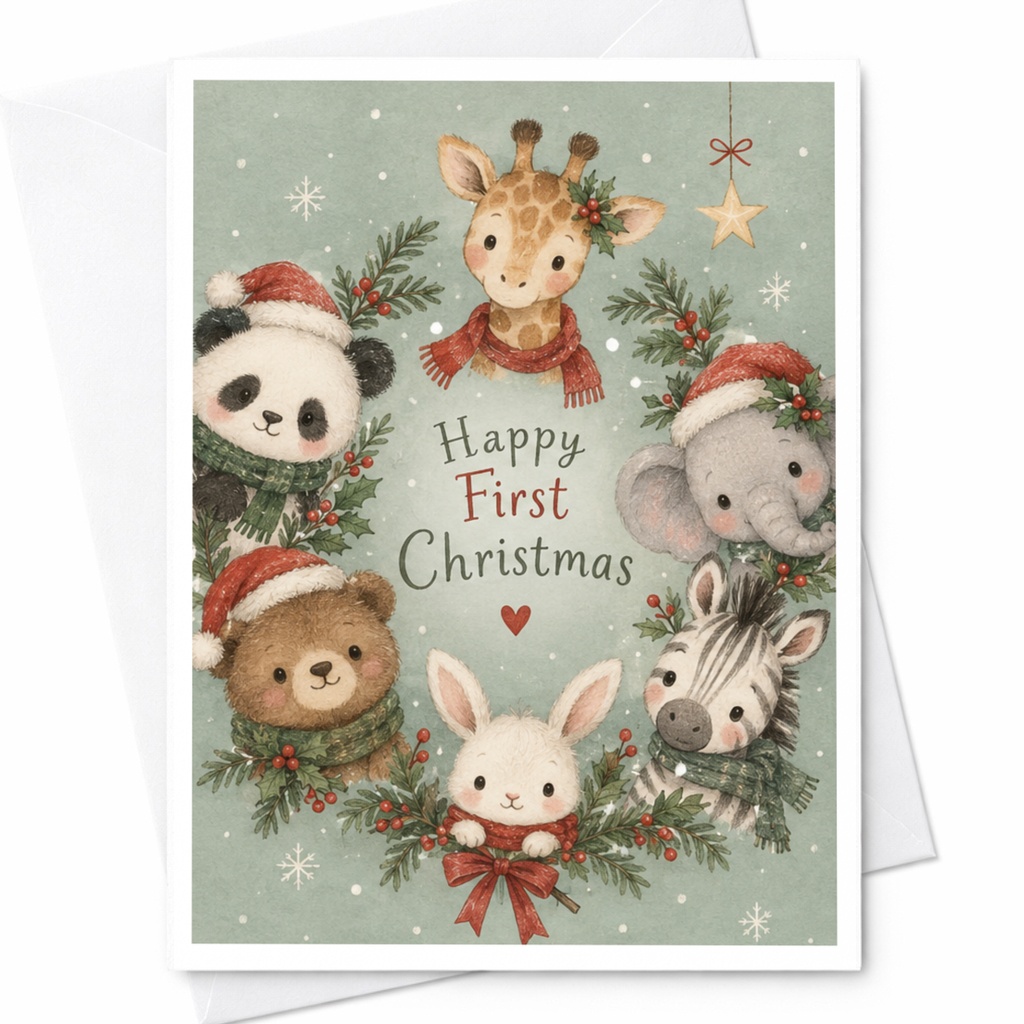 Happy First Christmas Cute Animal Card Baby's First Christmas Card Adorable Holiday Greeting Card For Kids Festive Animal C7064