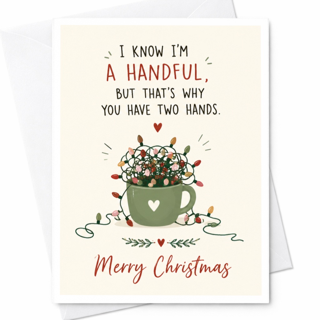 I Know I'm A Handful, But That's Why You Have Two Hands. Merry Christmas Card Funny Holiday Greeting For Him Her Cute Festive Mug C7065