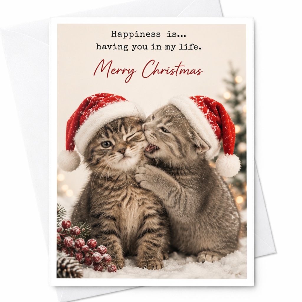 Happiness Is... Having You In My Life. Merry Christmas Cute Kittens Christmas Card Adorable Holiday Greeting Card For Cat Lover C7069