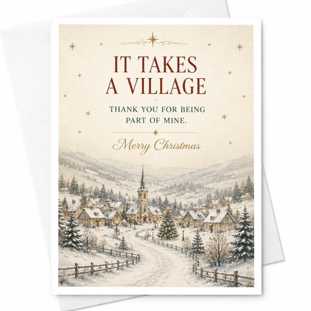It Takes A Village Thank You For Being Part Of Mine Merry Christmas Card Holiday Greeting Card Winter Village Scene C7073