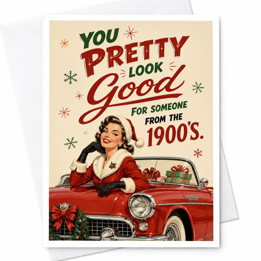 You Pretty Look Good For Someone From The 1900's Christmas Card Funny Vintage Style Holiday Greeting Card Retro Santa Car C7079