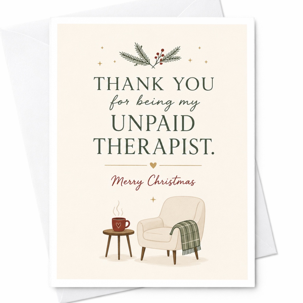 Thank You For Being My Unpaid Therapist. Merry Christmas Card Funny Holiday Greeting For Friend Cozy Chair Coffee C7053
