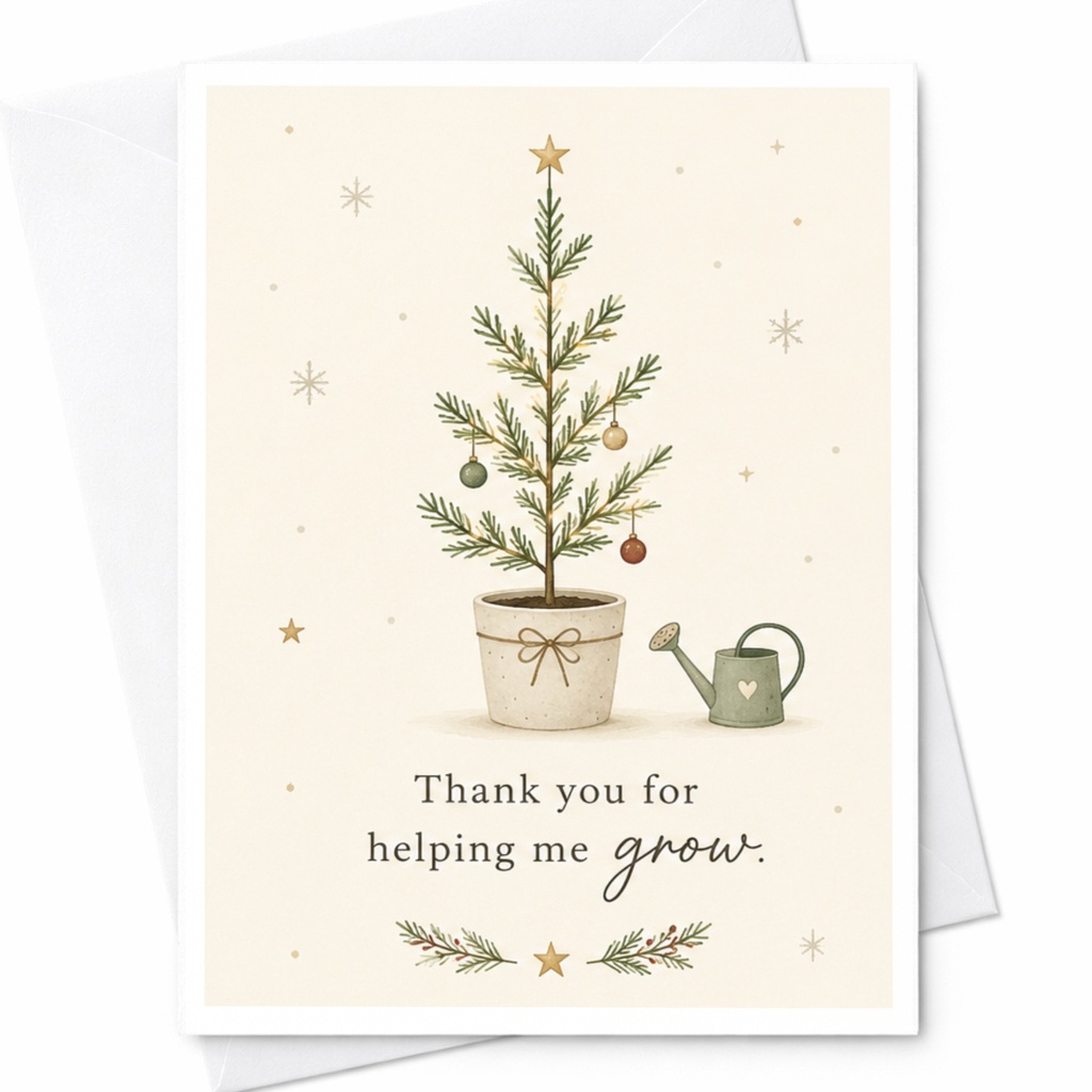 Thank You For Helping Me Grow Card Teacher Appreciation Card Cute Potted Tree Christmas Holiday Greeting Card C7085