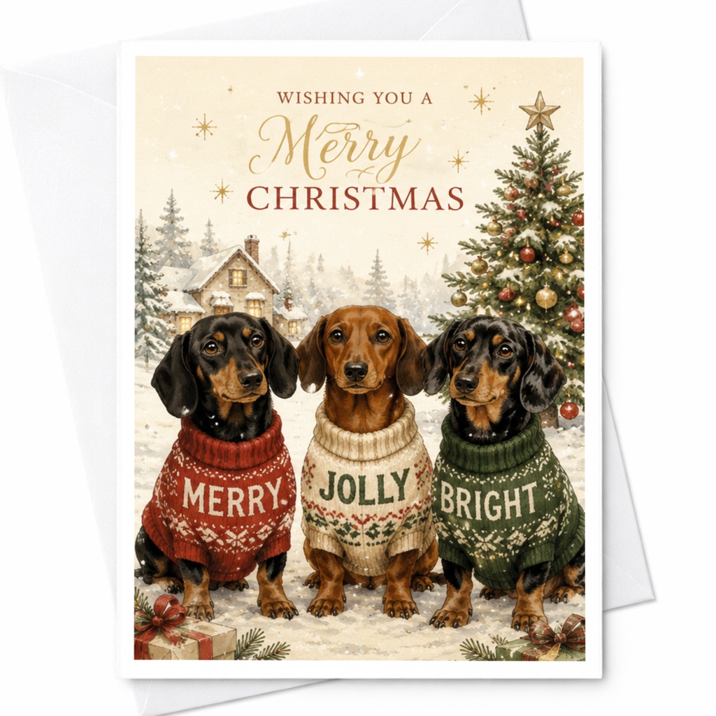 Wishing You A Merry Christmas Cute Dachshund Christmas Card Festive Holiday Greeting Card Dog Lover Adorable Winter Scene C7057